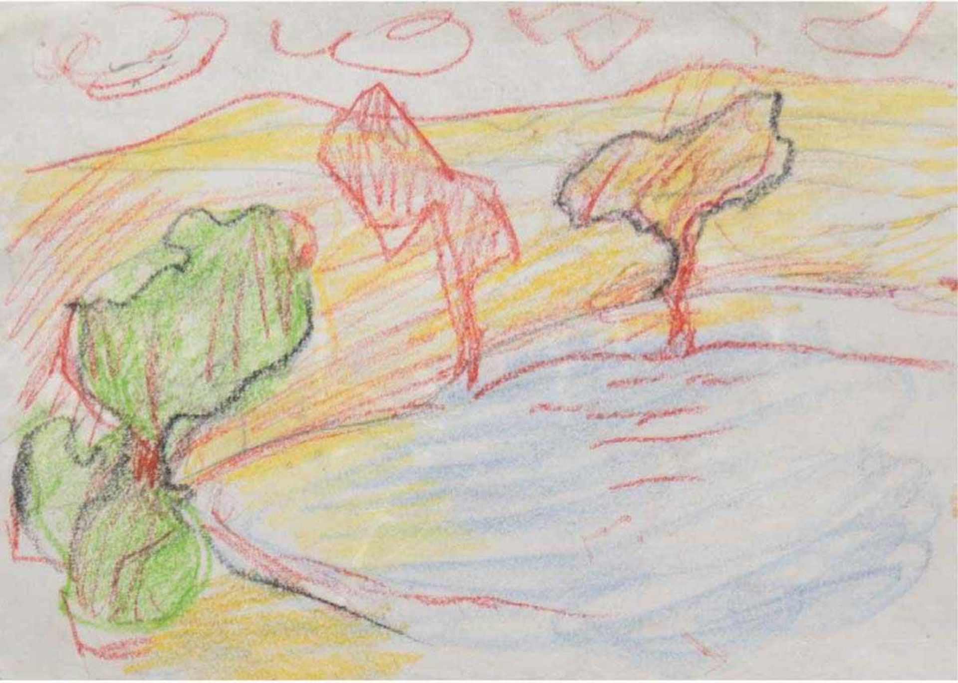 Degner, Arthur "Sommerliche Stimmung am Teich", Farbstift/Papier, rückseitigNachlassstempel, 21x30