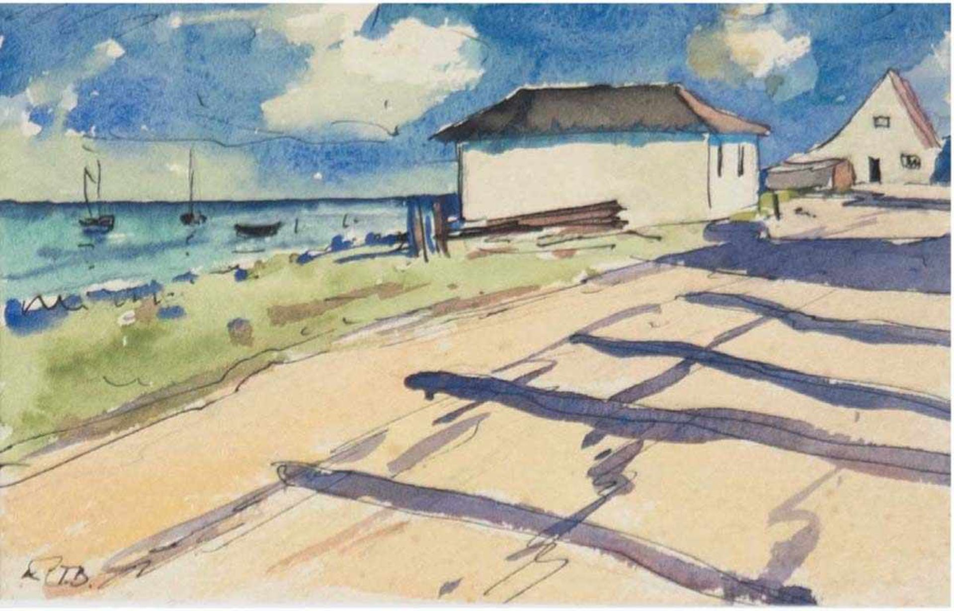 Beyer, Tom (1907 Münster/Westfalen-1981 Stralsund) "Haus am Bodden", Aquarell, signiertu.l., 10x17