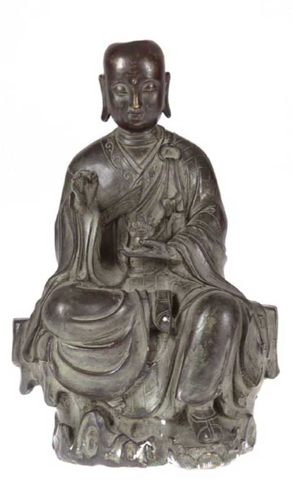 Buddha-Figur "Sitzender Buddha in der Geste des Abhaya", Bronze, 19. Jh., Beule am Kopf,