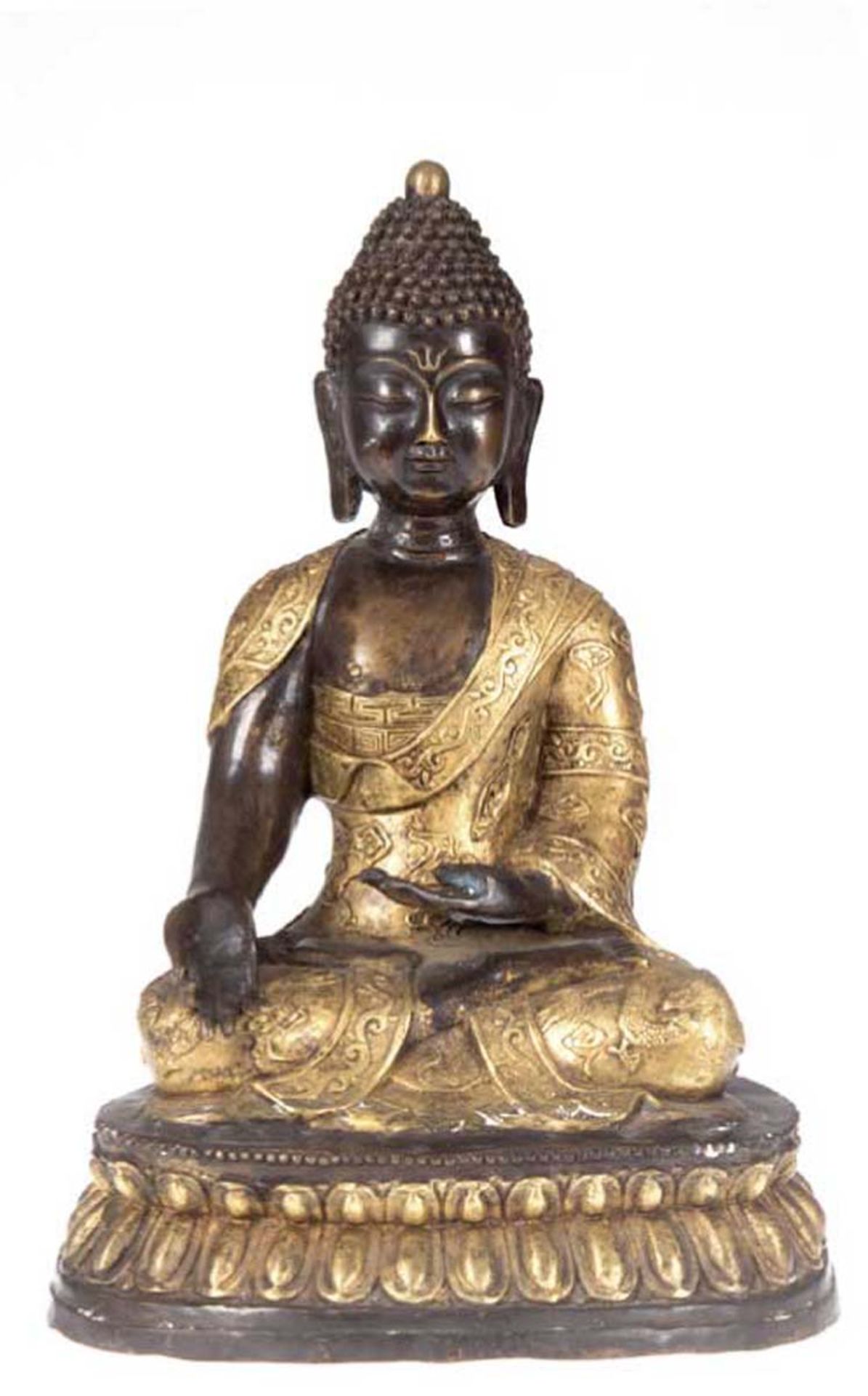 Buddha-Figur "Großer sitzender Buddha auf Podest mit reichlicher Verzierung", 19. Jh.,Bronze, die