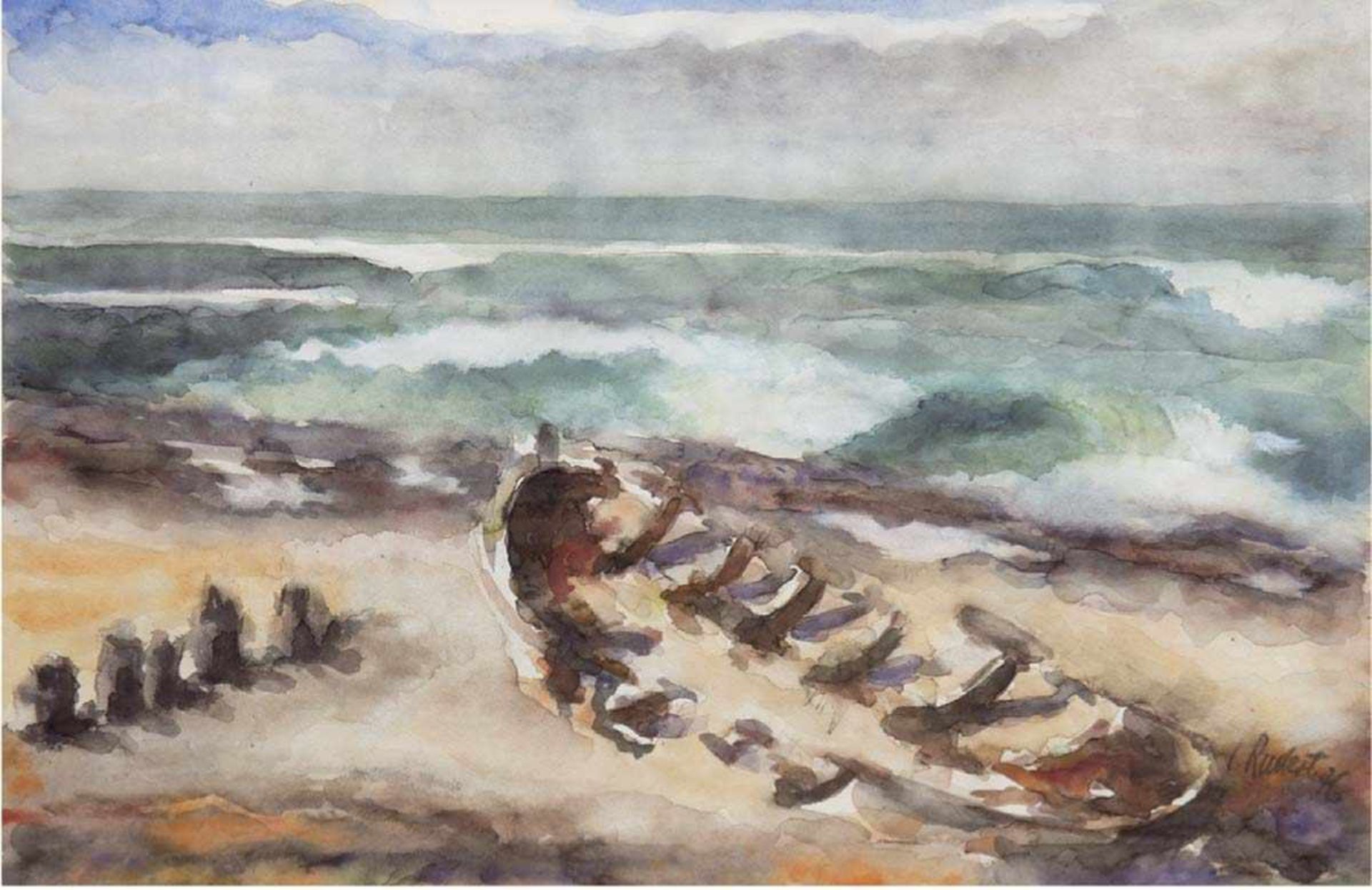 Rudert, Fritz (1899-?) "Bootswrack am Strand", Aquarell, sign. und dat. '76 u.r., 41x61cm, hinter
