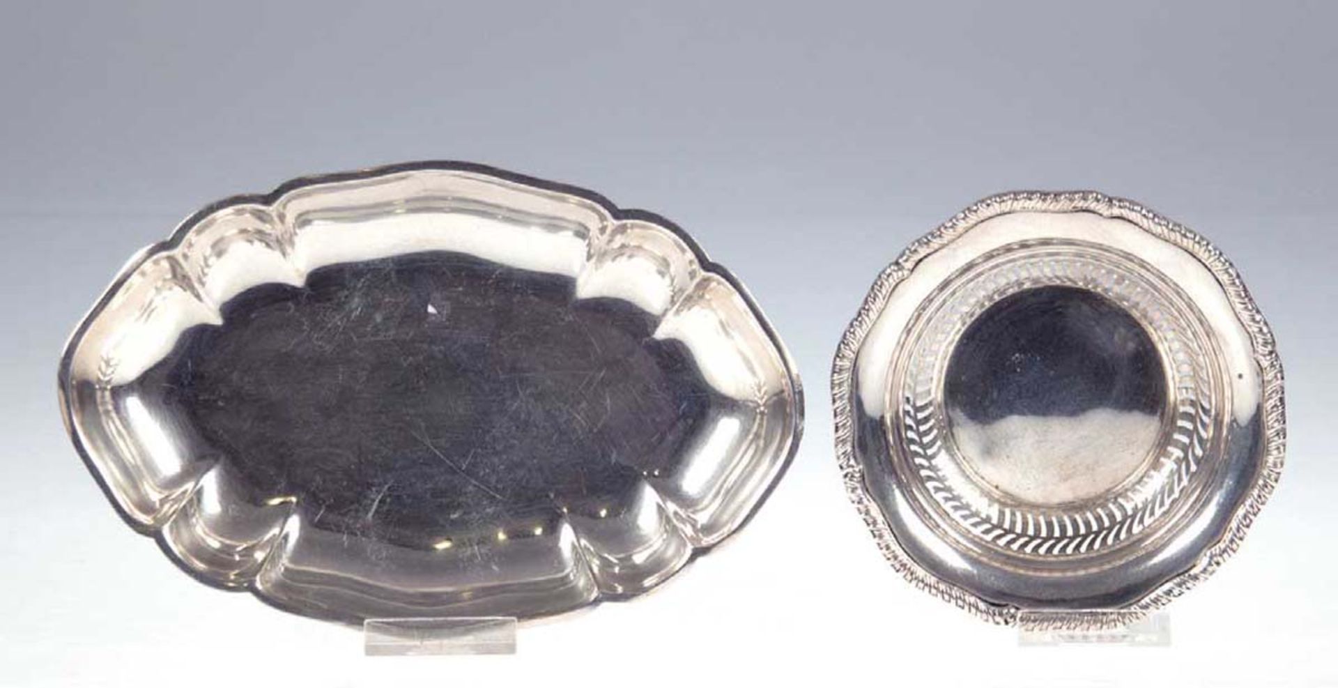Schale, oval und rundes Korbschälchen, Barockstil, unterseitig Widmung, 800er Silber, Gew.ca. 115 g