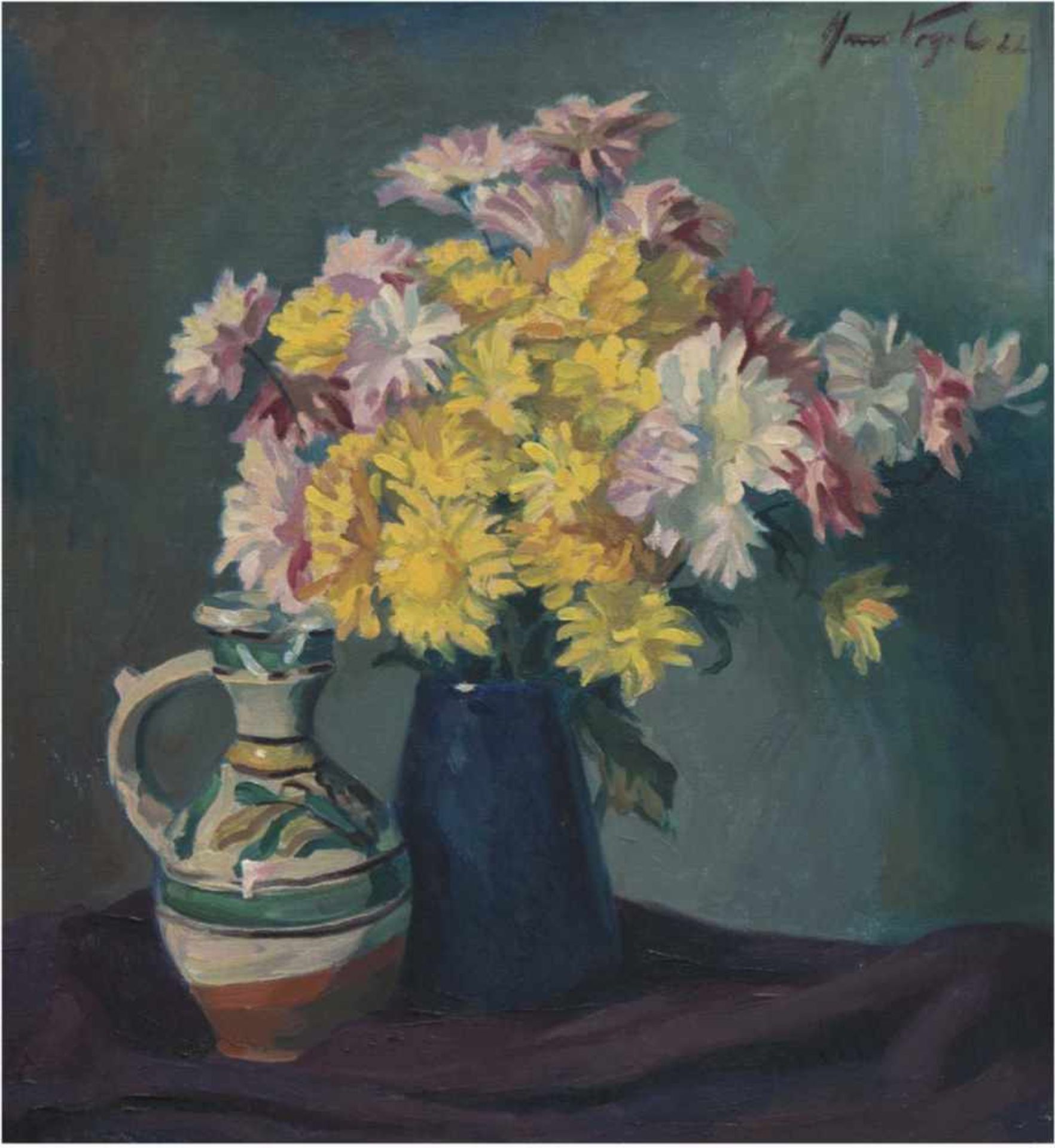 Vogel (um 1920) "Stilleben mit Blumen in der Vase und Krug", Öl/Lw, signiert und datiert(19)22 o.r.,