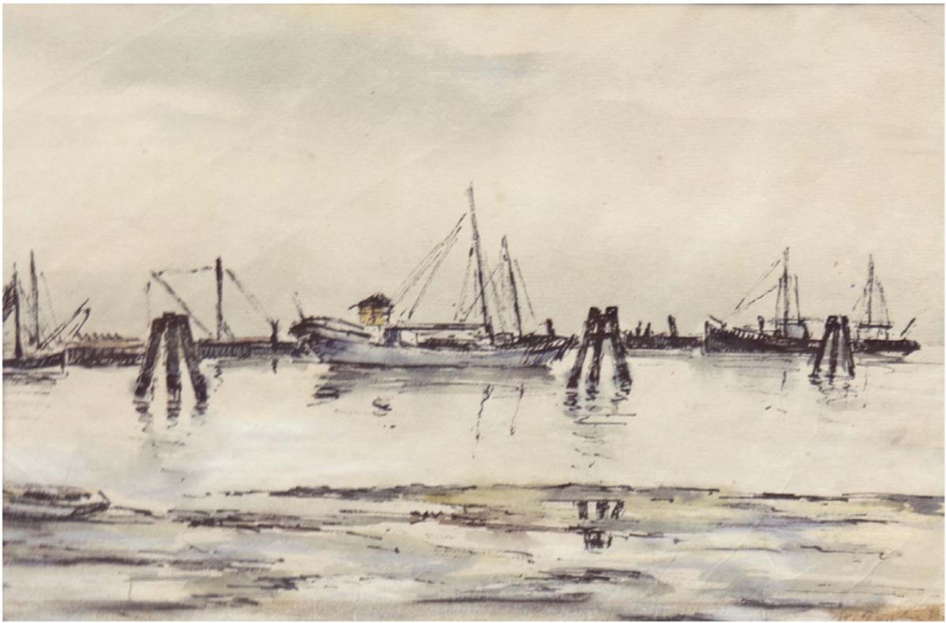 Graba, Willy (1894-1973) "Reger Schiffsverkehr", Aquarell, sign.u.l., 14x20 cm, imPassepartout