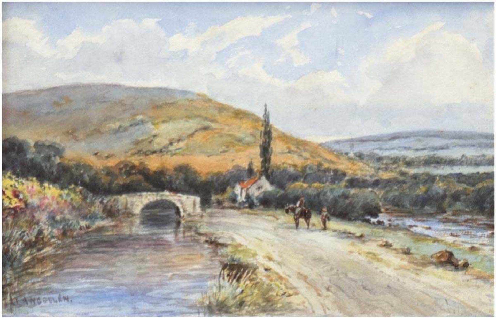 Maler des 20. Jh. "Flußlandschaft mit Steinbrücke", Aquarell, unleserl. signiert u.l.,14x21 cm,