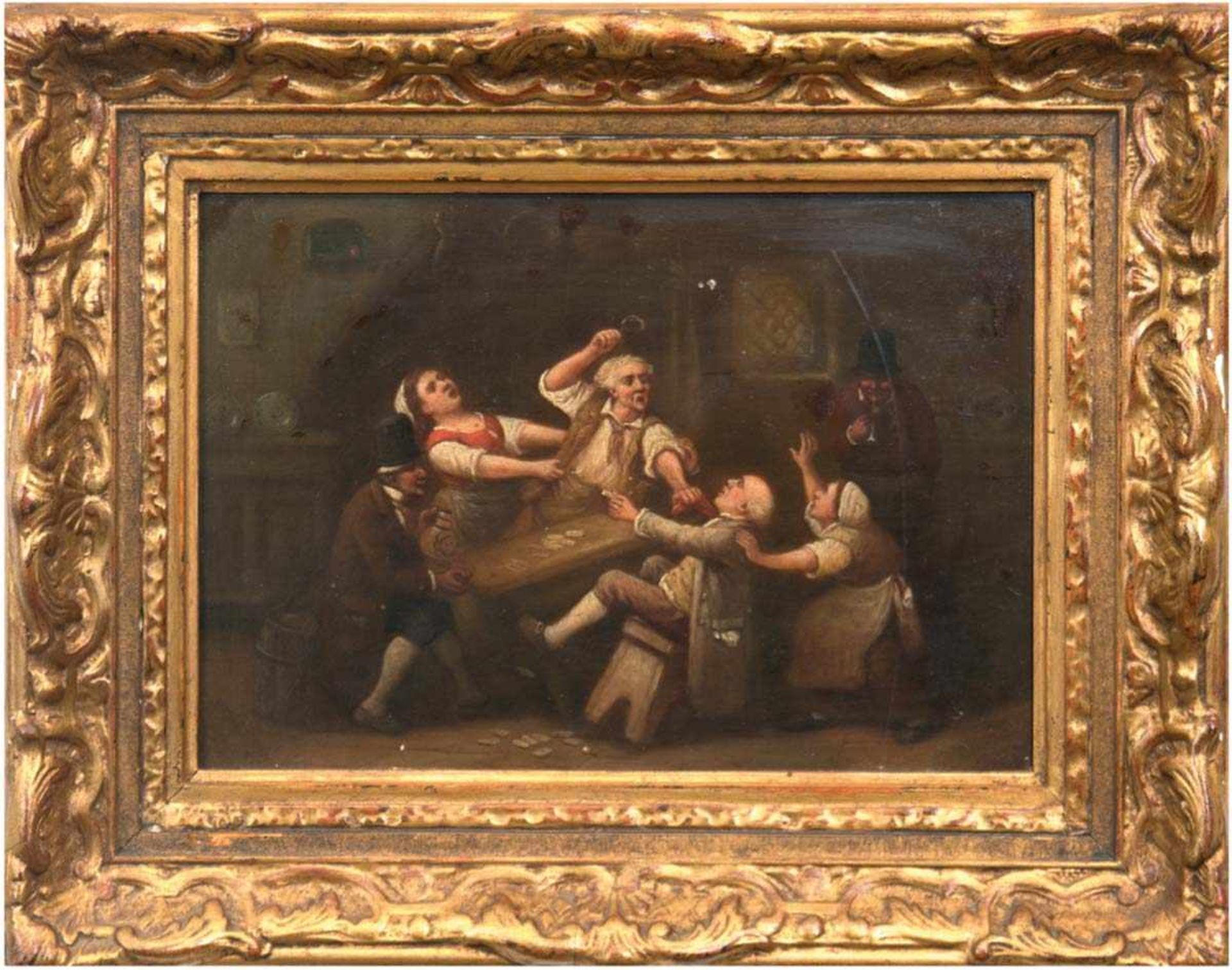 Maler des 19. Jh. "Streit beim Kartenspiel im Wirtshaus", Öl/Holz, unsigniert,Farbkratzer, 22x31 cm,