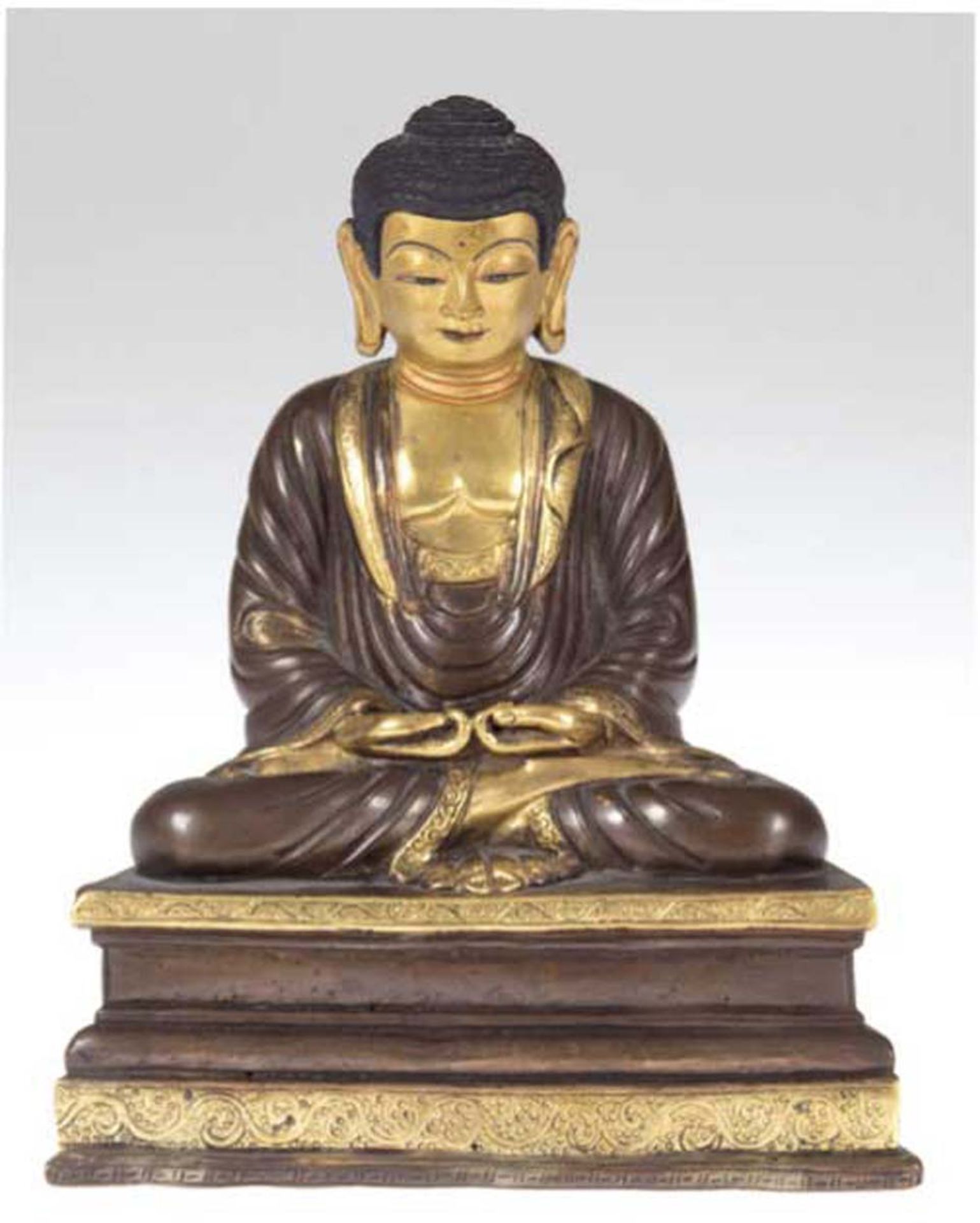 Buddha-Figur "Buddha auf Thron sitzend in der Geste der Meditation", Bronze, teilweisevergoldet,