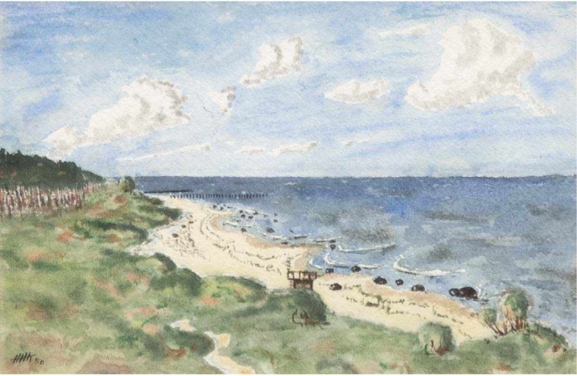 Monogrammist "HHK" "Strand in Kühlungsborn", Aquarell, monogr. und dat. 1950, 14x21 cm,hinter Glas