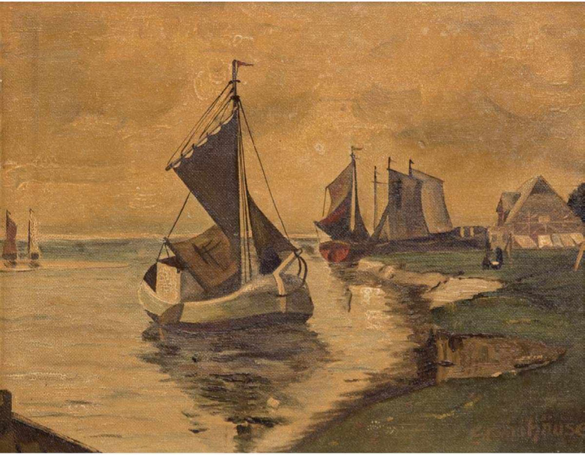 Steinhäuser, August (geb. 1883) "Segelboote an der Küste", Öl/Lw., sign. u.r., 40x50 cm,Rahmen