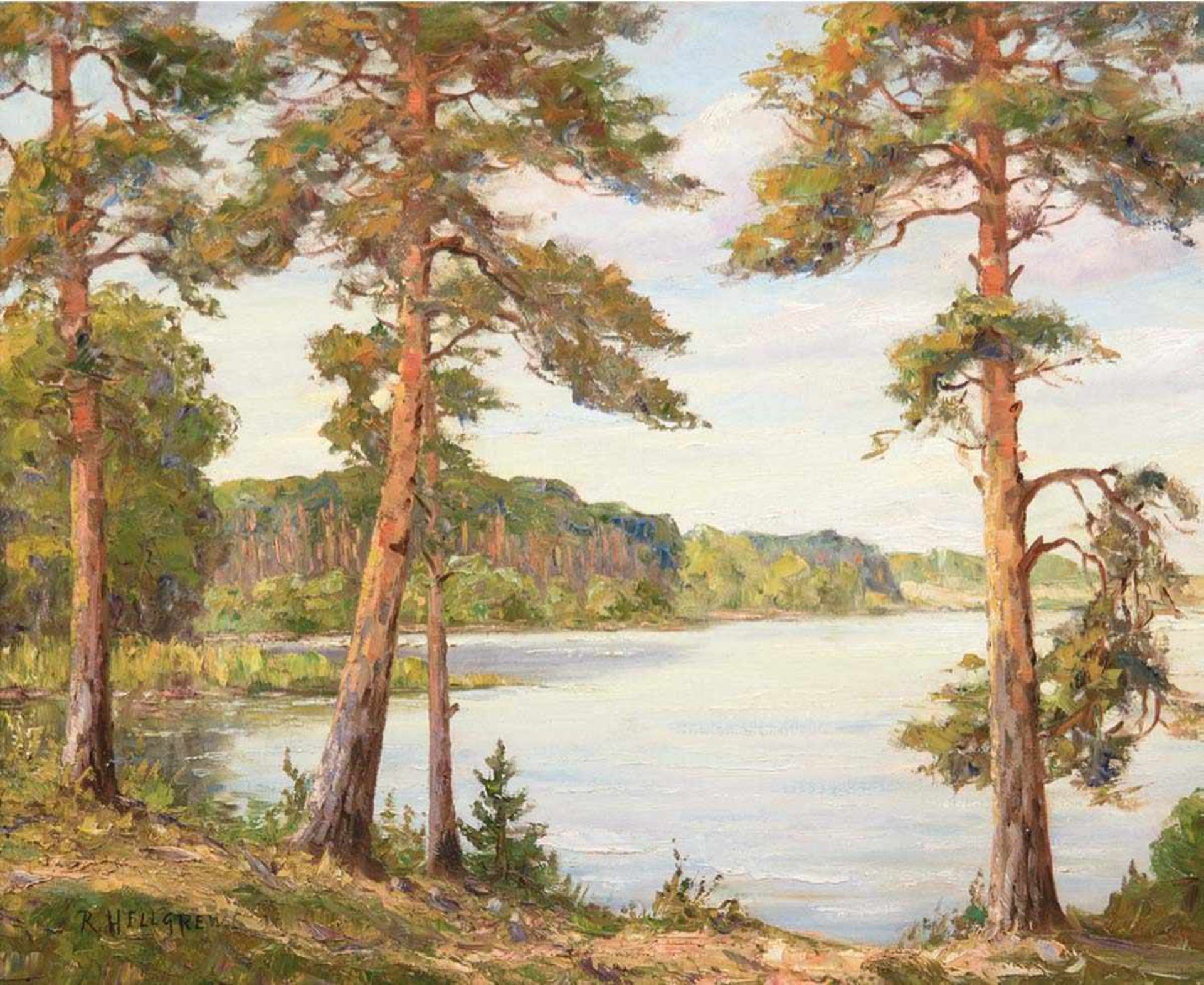 Hellgrewe, Rudolf (1860 Hammerstein - 1935 Berlin) "Märkischer See mit Kiefernwald",Öl/Lw., sign.