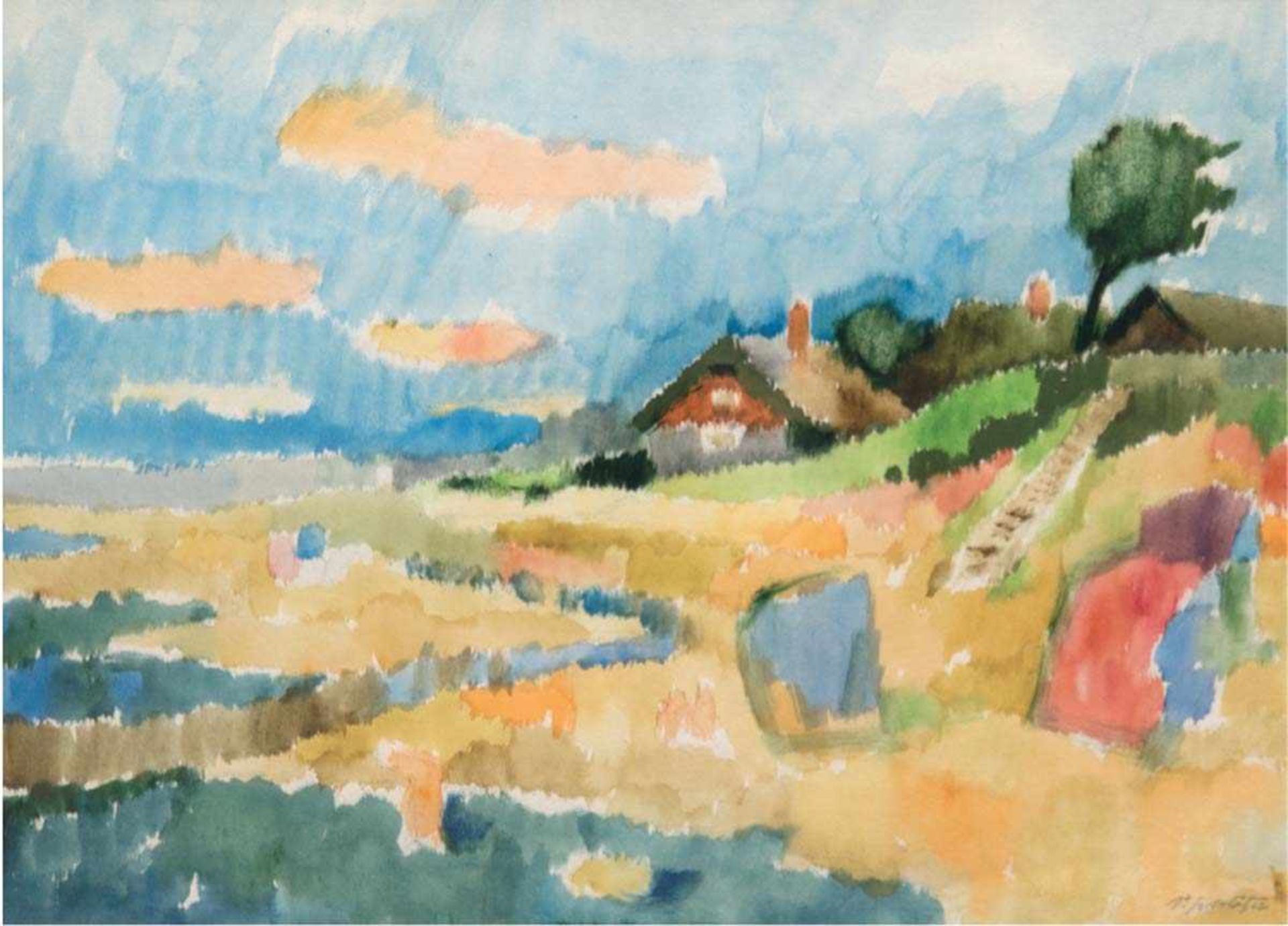 Schlötzer, Victor (1923 Suceava-1996? Dresden) "Strand in Ahrenshoop mit Künstlerhaus",Aquarell/