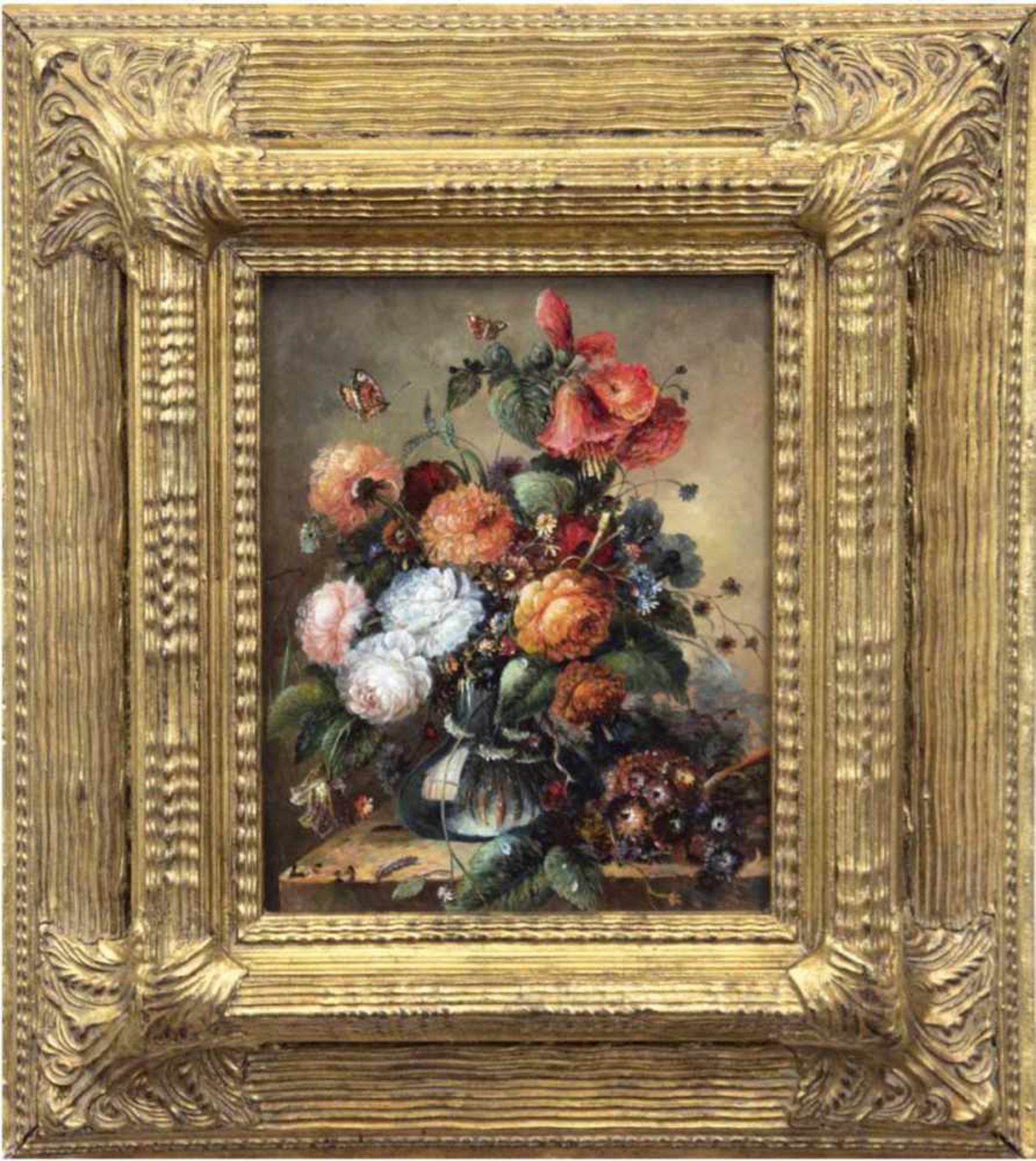 Maler des 20. Jh. "Blumenstilleben mit Schmetterlingen", Öl/H., unsign., 25x20 cm,Prunkrahmen