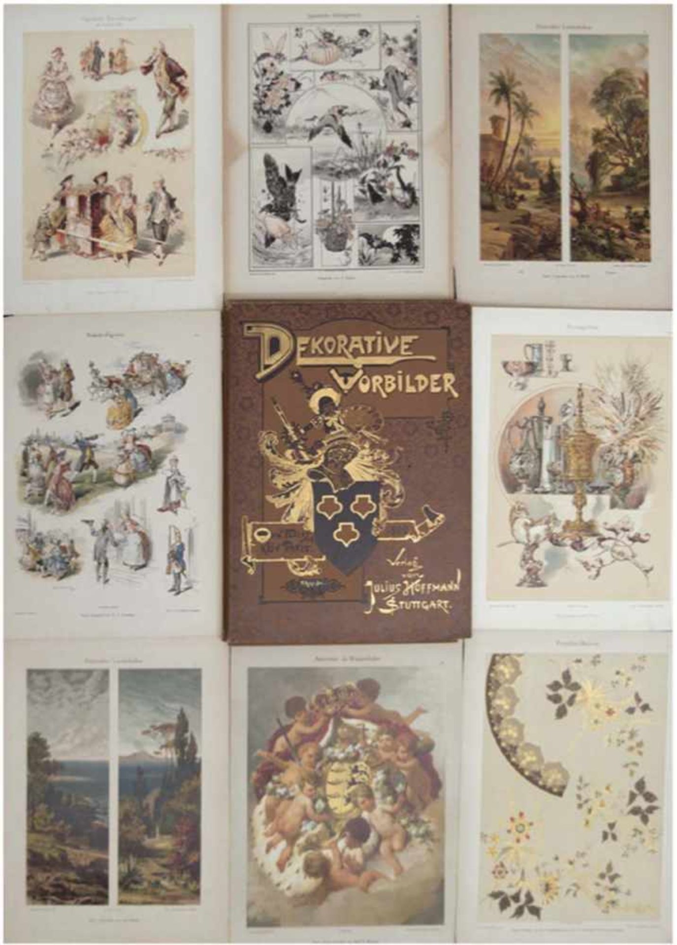 Mappe mit 55 Blättern "Dekorative Vorbilder", Verlag J. Hoffmann Stuttgart 1892, 55x25 cm