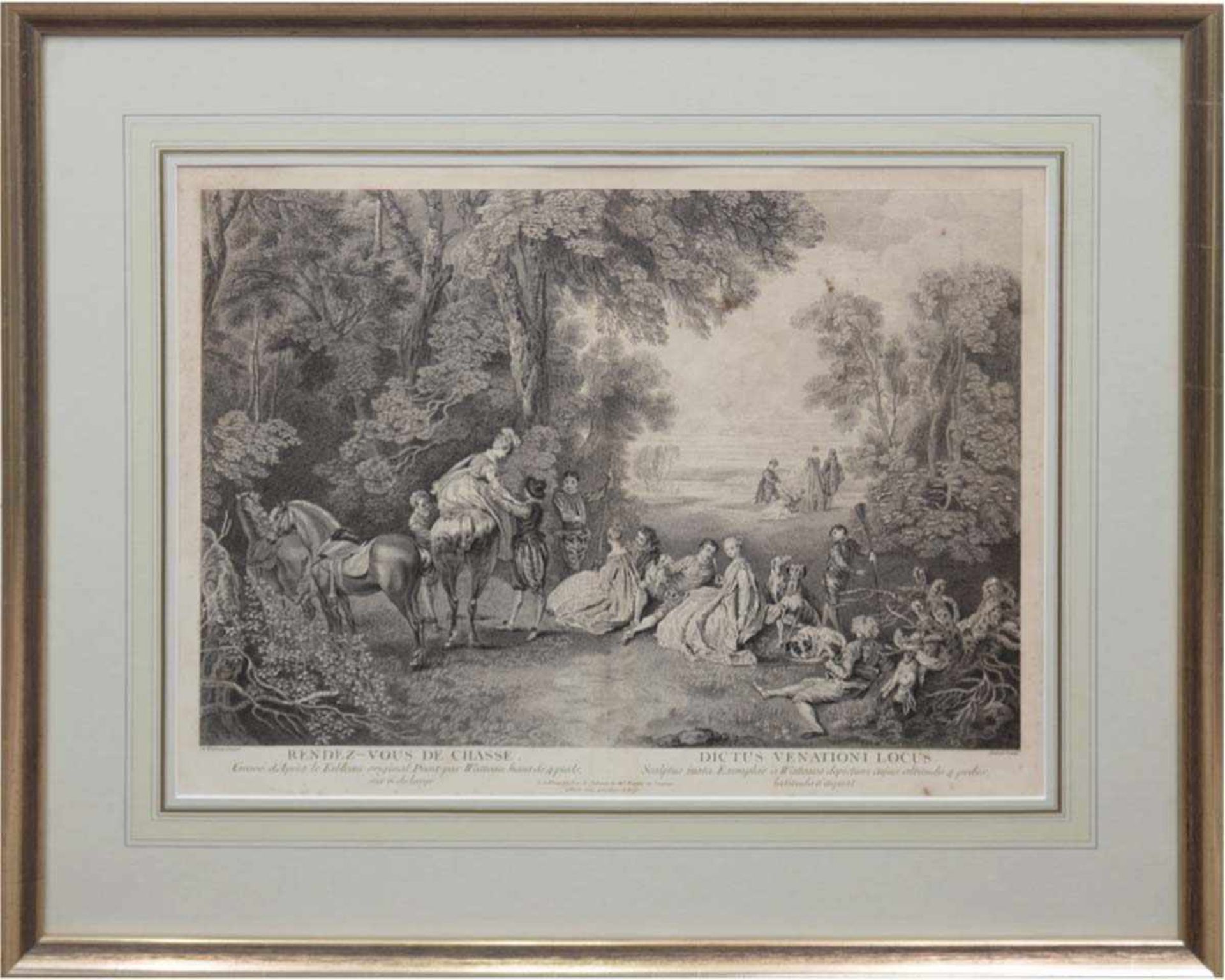 "Rendez-Vous de Chasse", Kupferstich nach A. Watteau, 19. Jh., 40x53 cm, hinter Glas