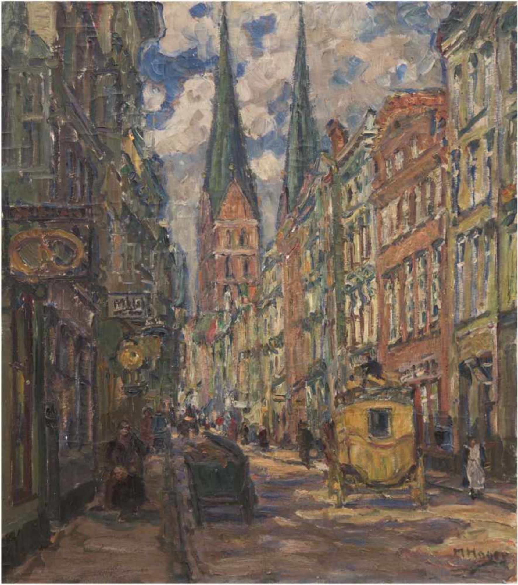 Hager, Marie (1872 Penzlin-1947 Burg Stargard) "Belebte Straßenszene mit Kutsche", Öl/Lw.,signiert