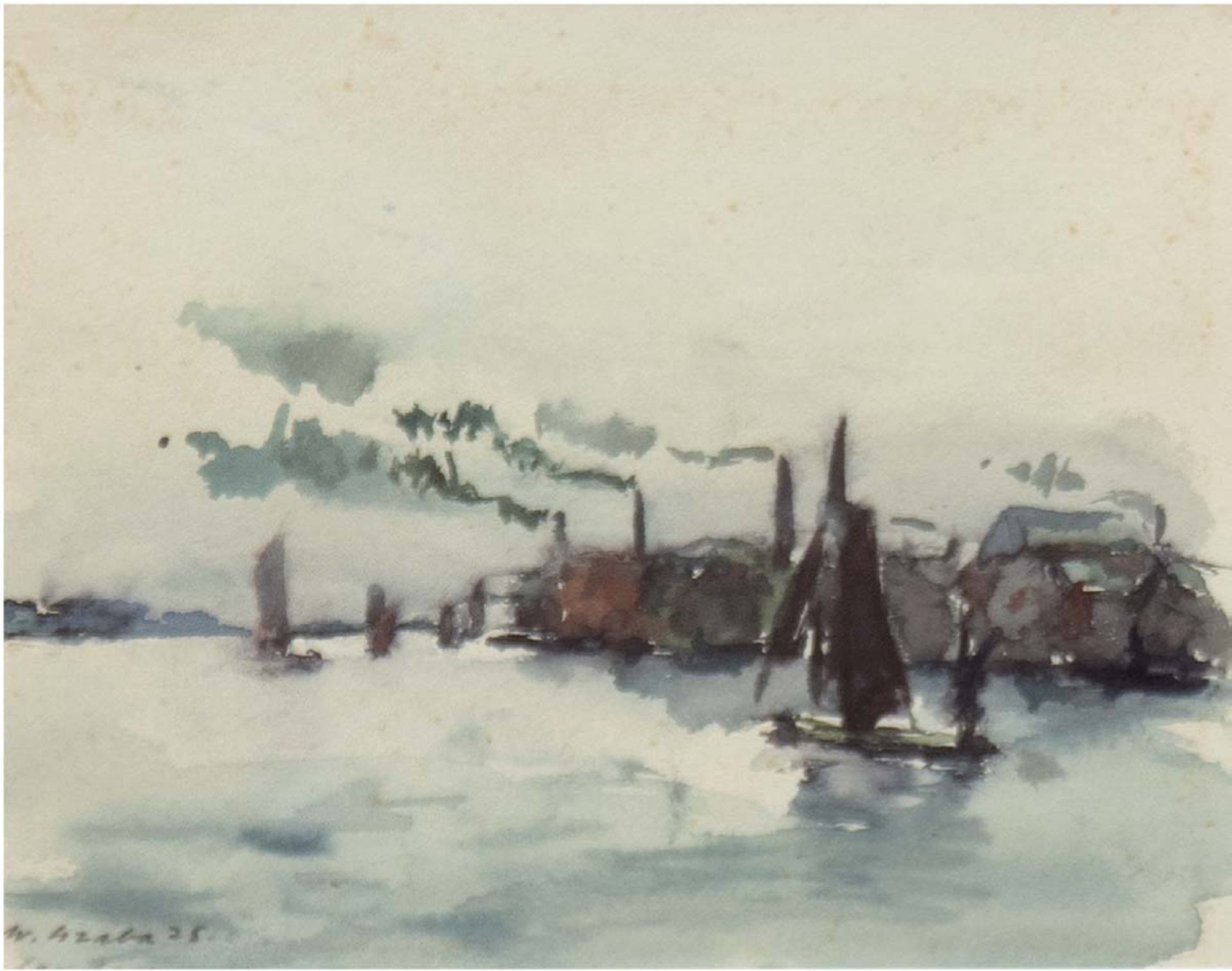 Graba, Willy (1894-1973) "Auf der Themse", Aquarell, 12x15 cm, im Passepartout hinterGlas, Rahmen,