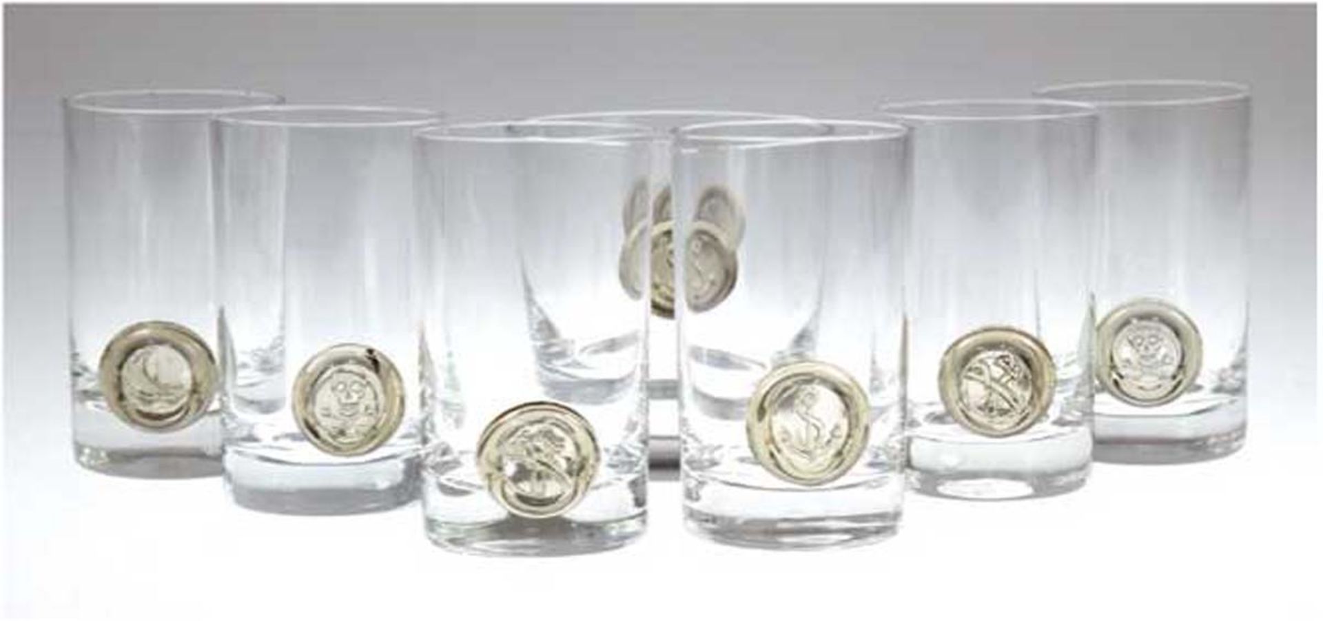 Whisky-Set, Rosenthal, bestehend aus 6 Whiskygläsern und Eisbehälter, frontseitigRauchglassiegel mit