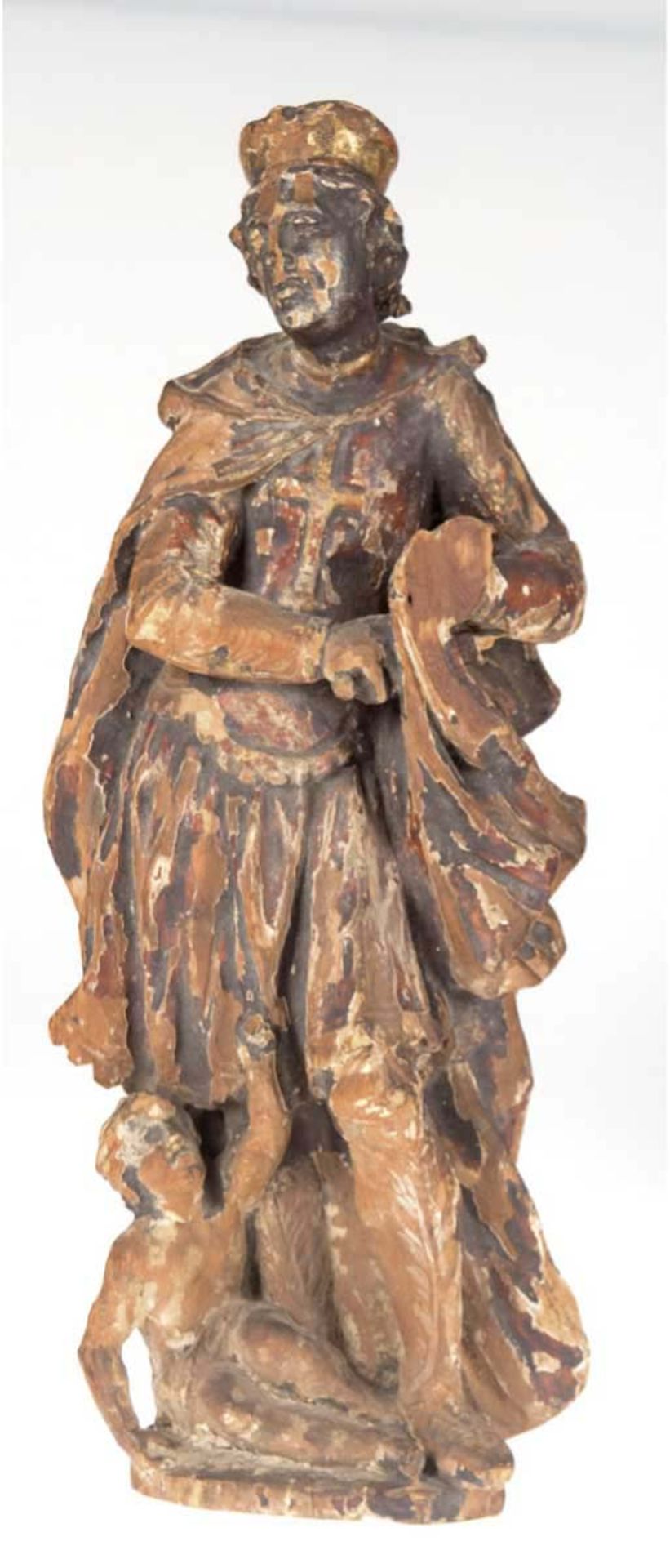Holzfigur 18. Jh. "Der heilige Martin der seinen Mantel teilt", geschnitzt u. farbiggefasst, H. 53