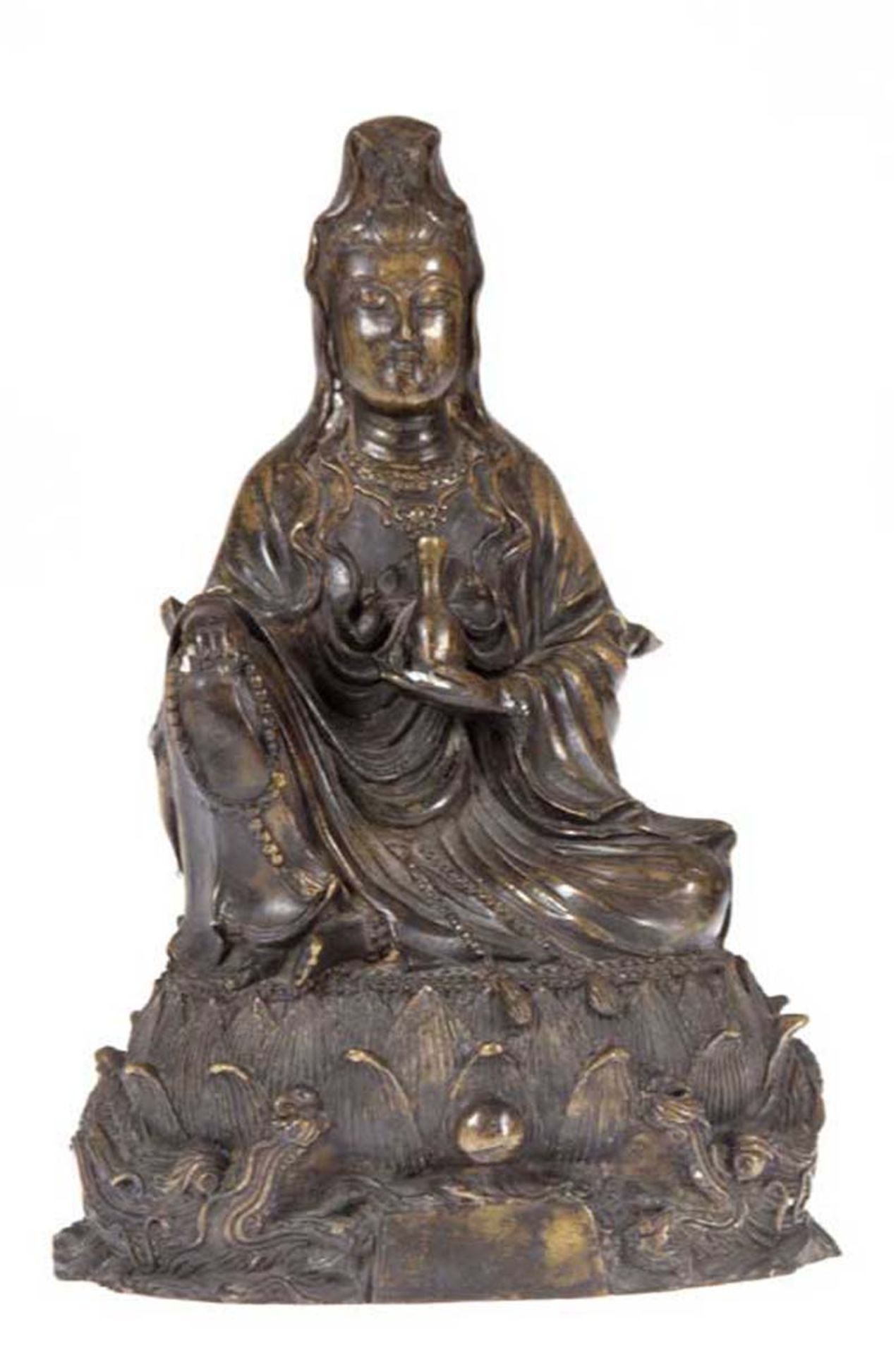 Buddha-Figur "Sitzende Gottheit Kwan Yin auf Lotusthron", Bronze, 19. Jh., Nepal, H. 24 cm