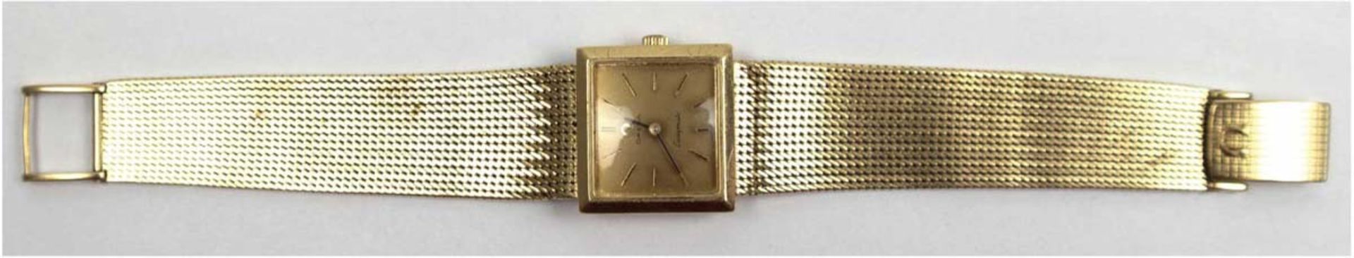 Damen-Armbanduhr "Omega Ladymade", 18 kt GG, Handaufzug, rechteckiges Uhrengehäuse 2,0x2,2cm mit