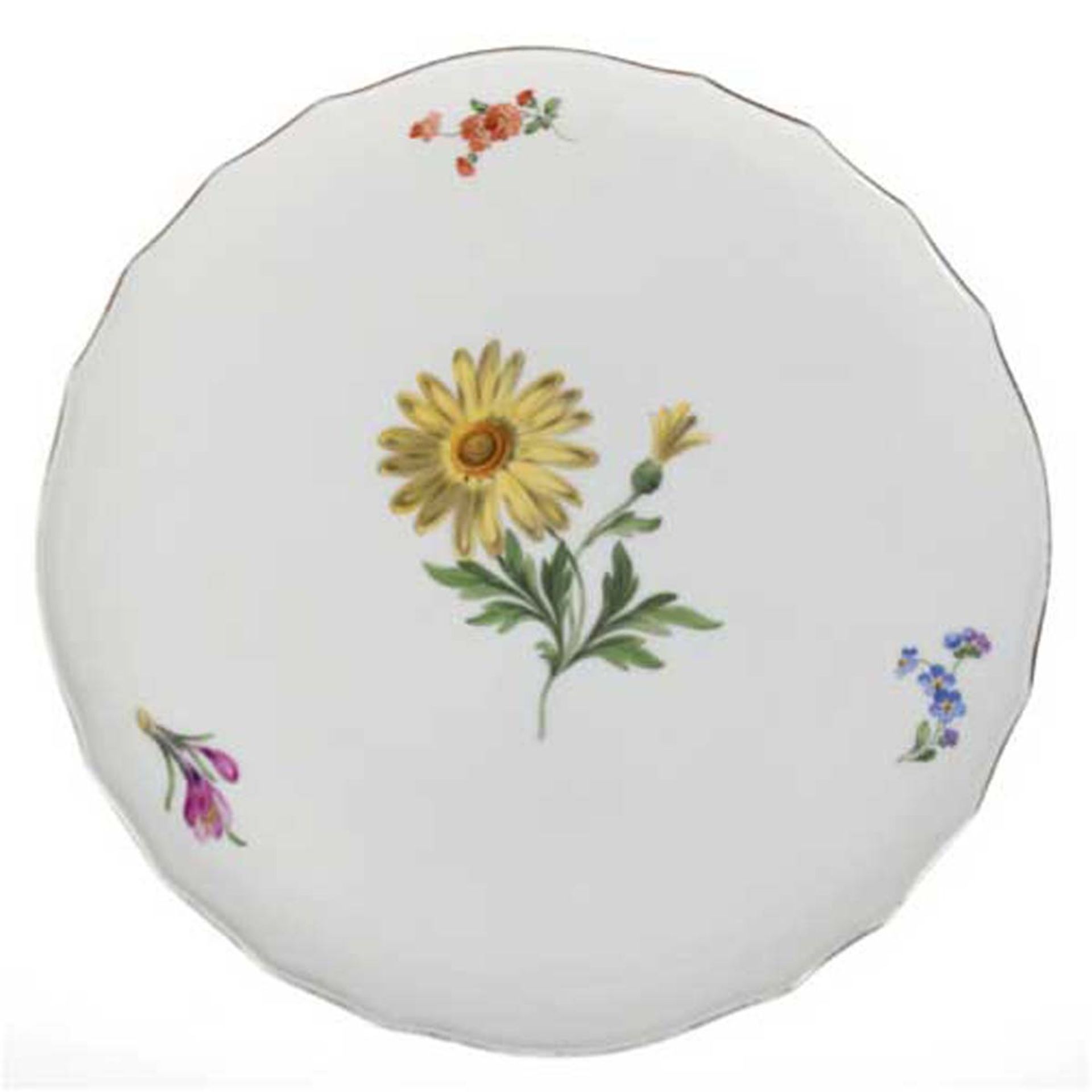 Meissen-Tortenplatte, Bunte Blume 1, Goldrand berieben, Neuer Ausschnitt, I. Wahl, Dm. 33cm