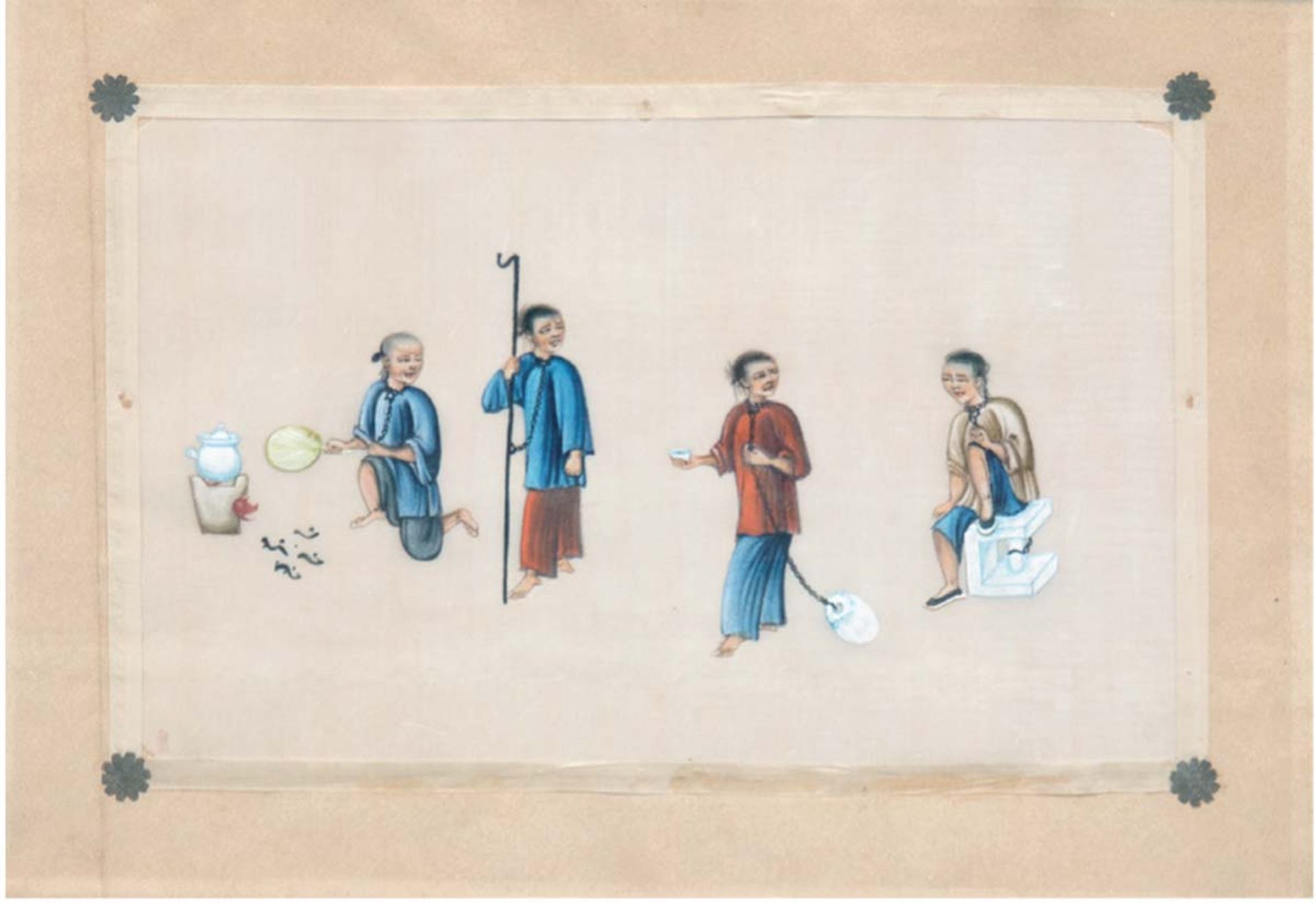 "Szene aus dem chinesischen Strafvollzug", um 1860/70, Wasserfarben/Markpapier, 21x33 cm,hinter Glas