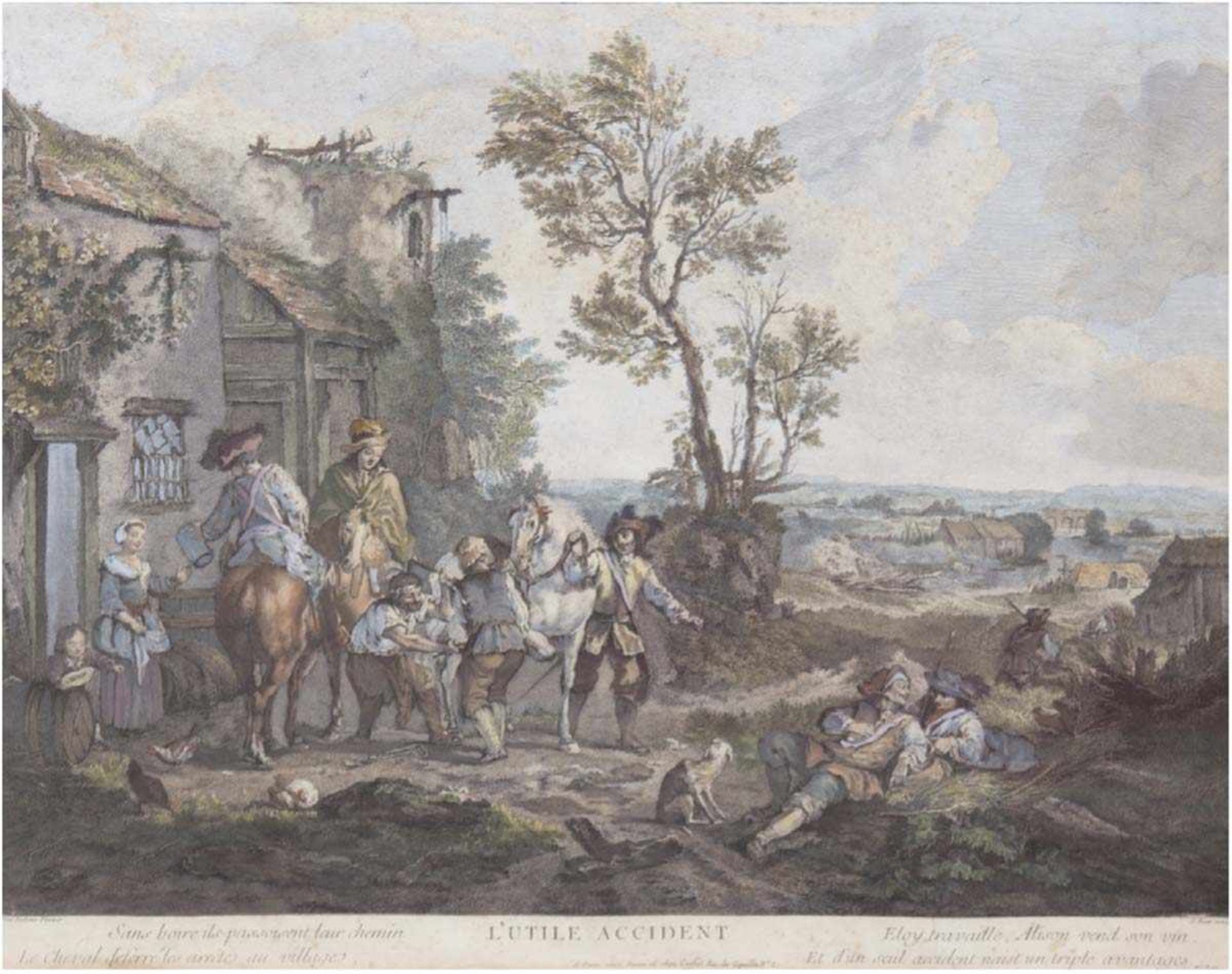 "Beim Hufschmied", kolorierter Stich, 19. Jh., nach C. van Falens, 46x57 cm, hinter Glasim