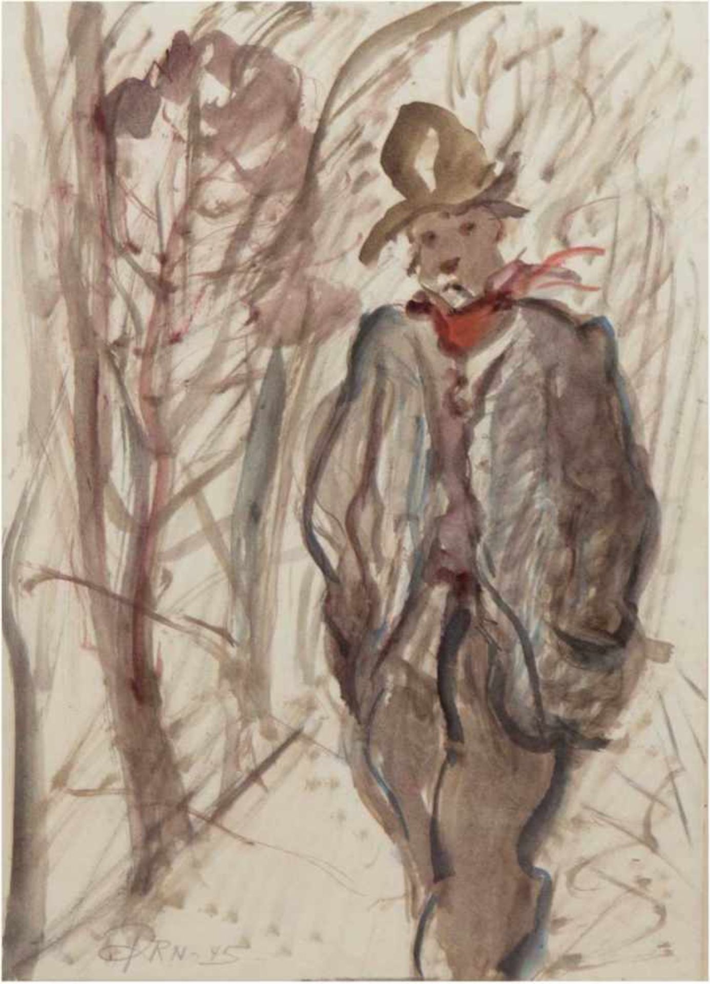 "Junger Mann mit Hut", Aquarell, undeutl. sign. u.l. u. dat 1945, 40x27 cm, hinter Glas imRahmen