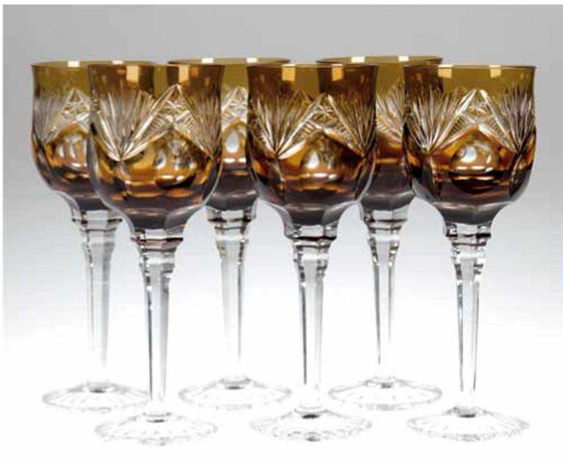 6 Römer-Weingläser, braunes Glas, Farbverlauf braun/ocker, Bleikristall, H. 21,5 cm
