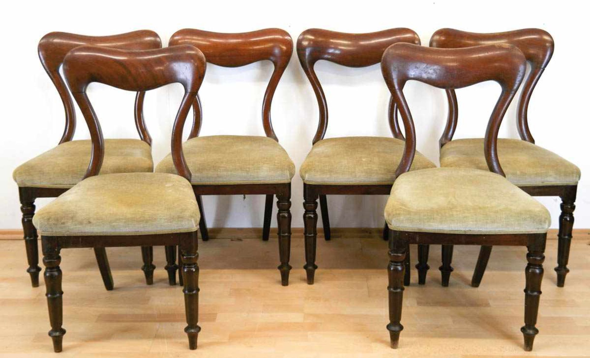 6 Stühle, Mahagoni um 1880, auf gedrechselten Beinen, restaurierungsbedürftig