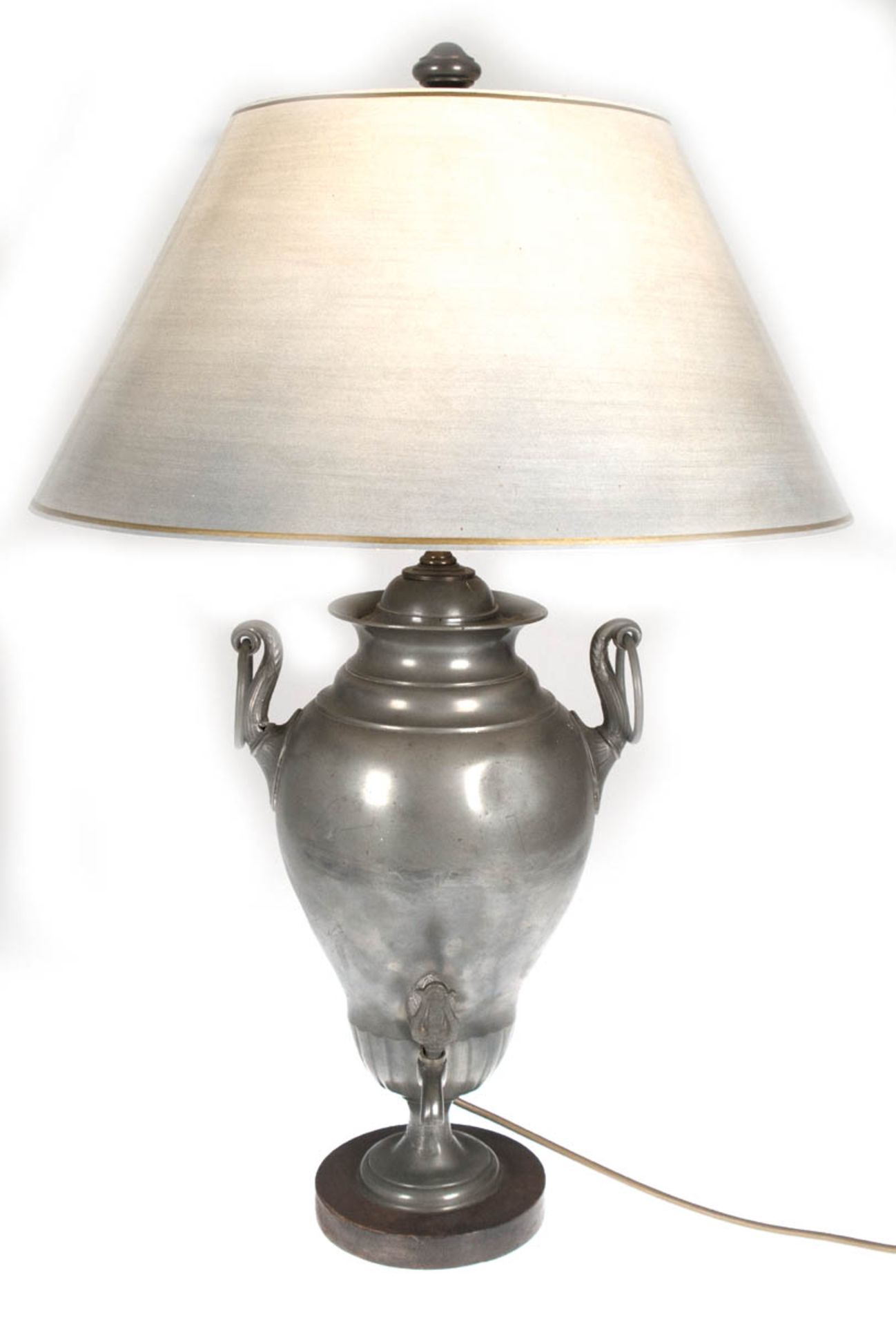 Tischlampe, 2-flammig, als Lampenfuß elektrifizierte Zinn-Dröppelminna, 19. Jh., graumelierter