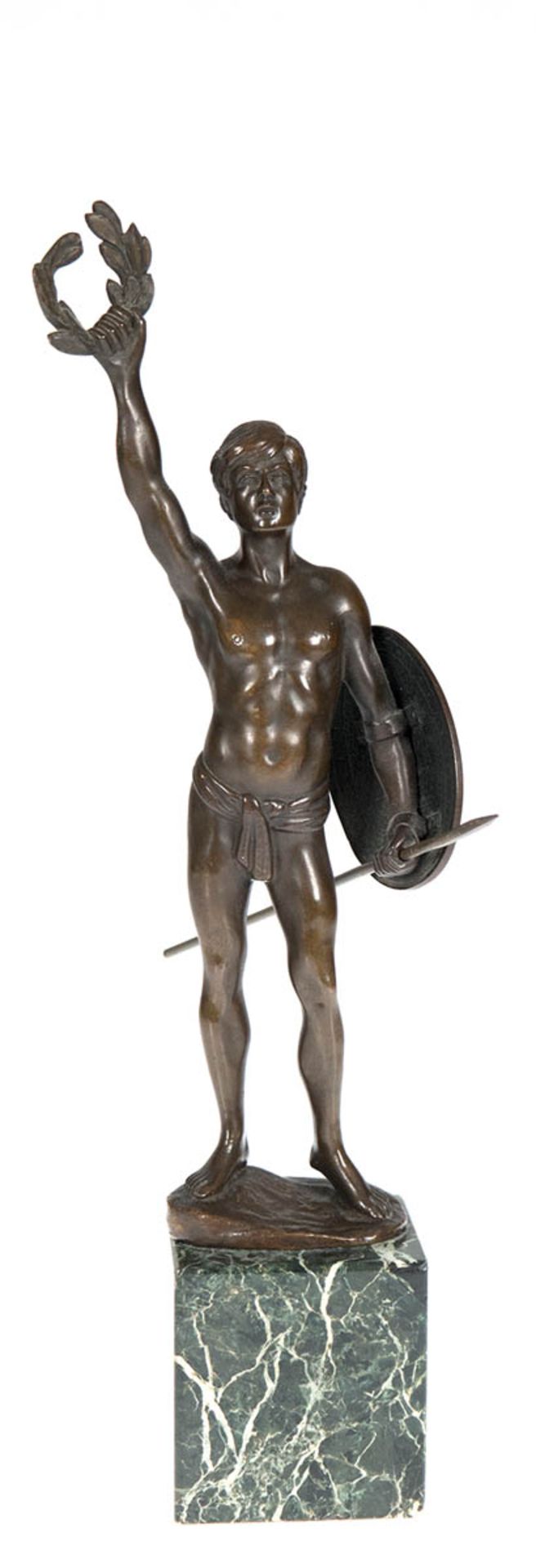 Bronze-Figur "Gladiator mit Siegeskranz", sign. "Moret", braun patiniert, aufMarmorsockel, Ges.-H.