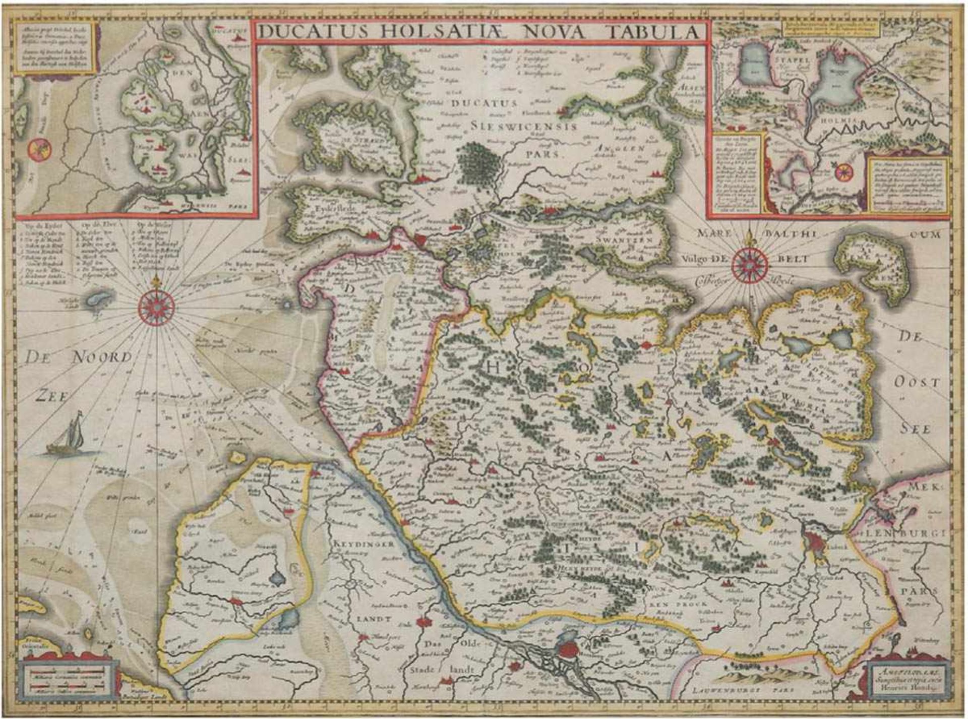 "Karte Herzogtum Holstein" handkolorierter Kupferstich, mit Kartusche, 41x51 cm, hinterGlas im