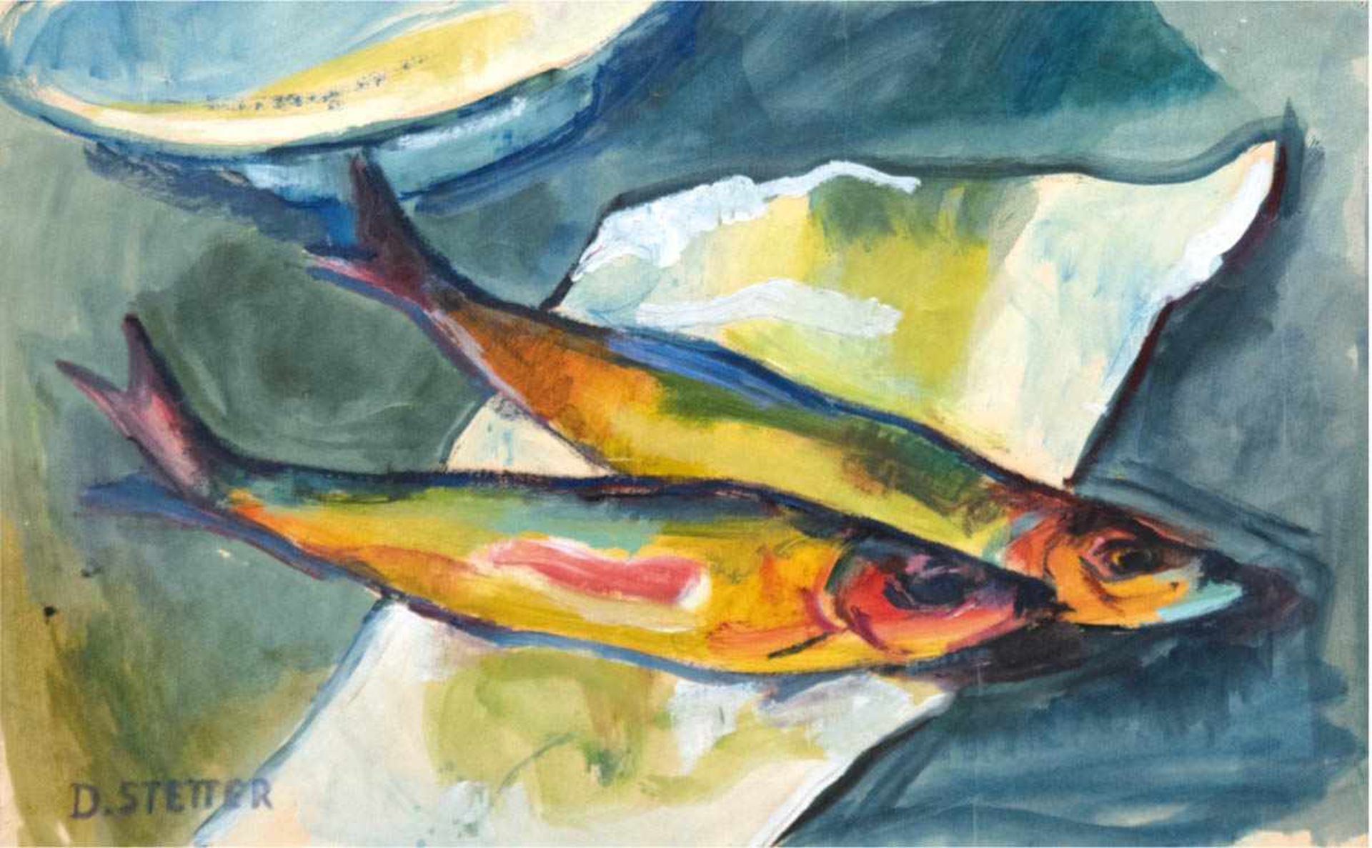 Koch-Stetter, Dora (1881 Bayreuth-1968 Ahrenshoop-Althagen) "Zwei Fische", um 1910,Gouache, signiert