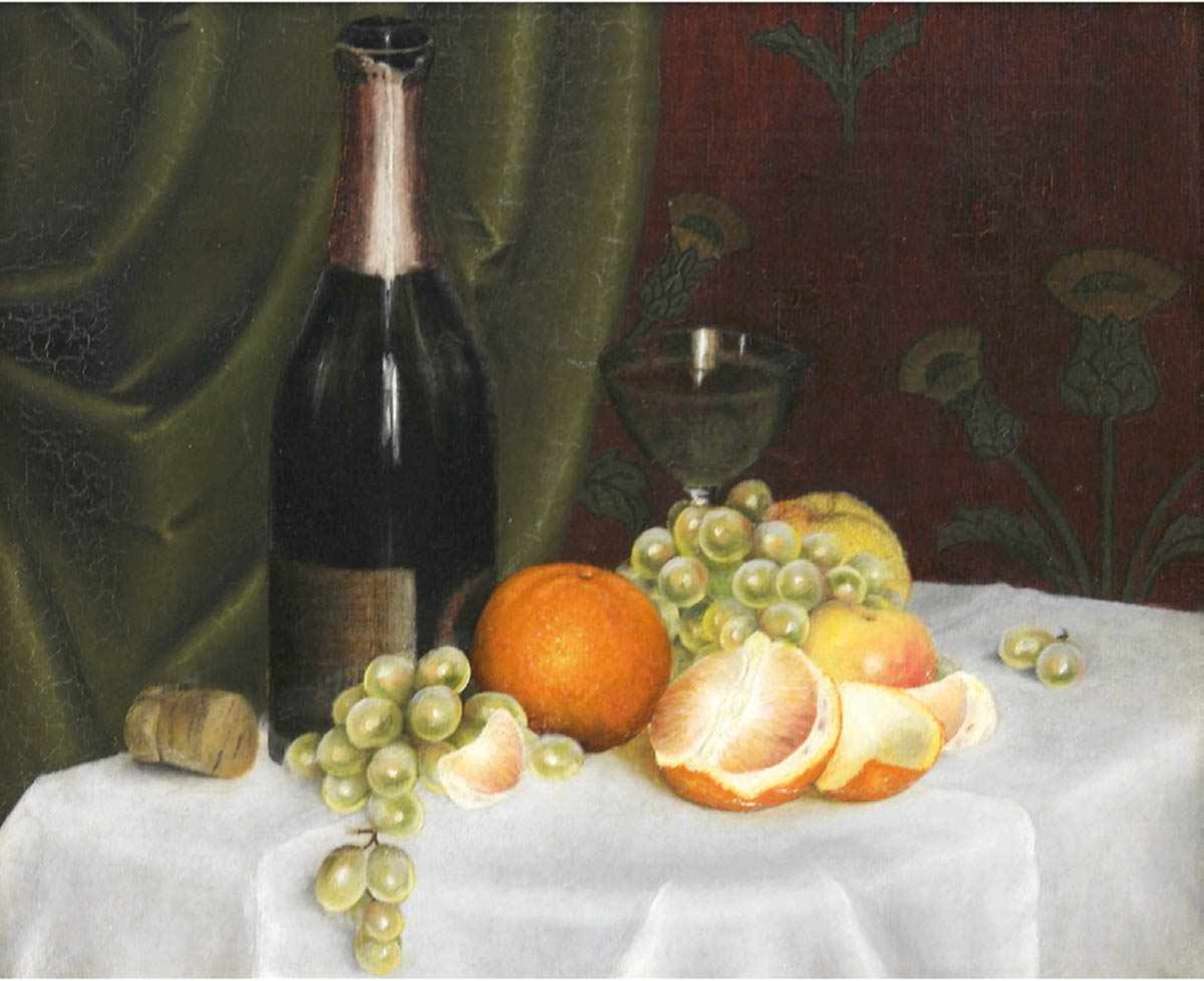 Maler um 1900 "Stilleben mit Obst und Weinflasche", Öl/Lw., unsign., Craquelés, 38x45 cm,Rahmen