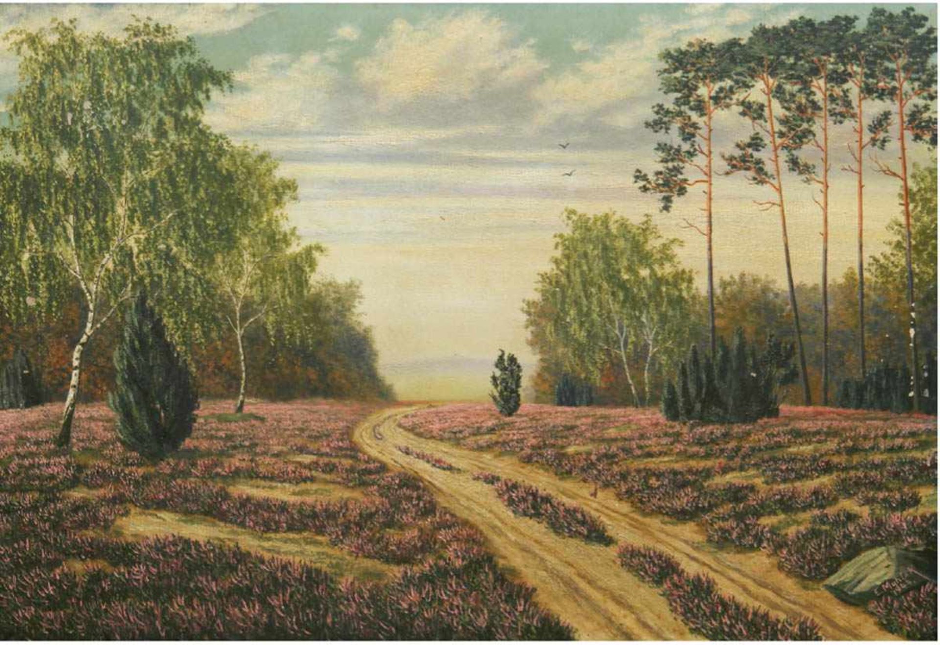 Muklak, E. "Heidelandschaft", Öl/Lw., sign. u.r. u. dat. 1945, Lw. leicht besch., 75x105cm, Rahmen