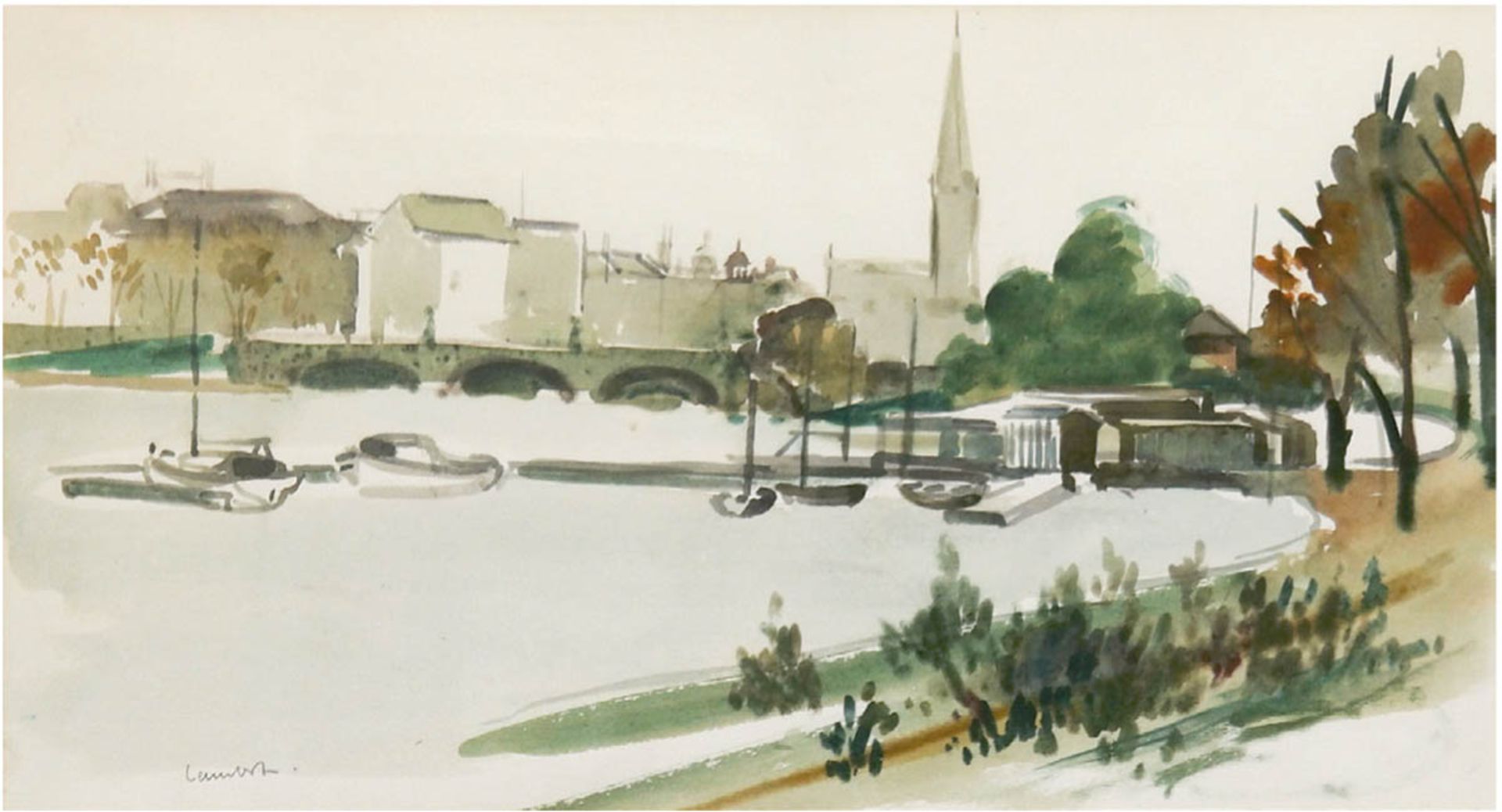 Lambert, Kurt (1908 Berlin- 1967) "Elbe", Aquarell, signiert u.r., 22x40 cm, hinter Glasim