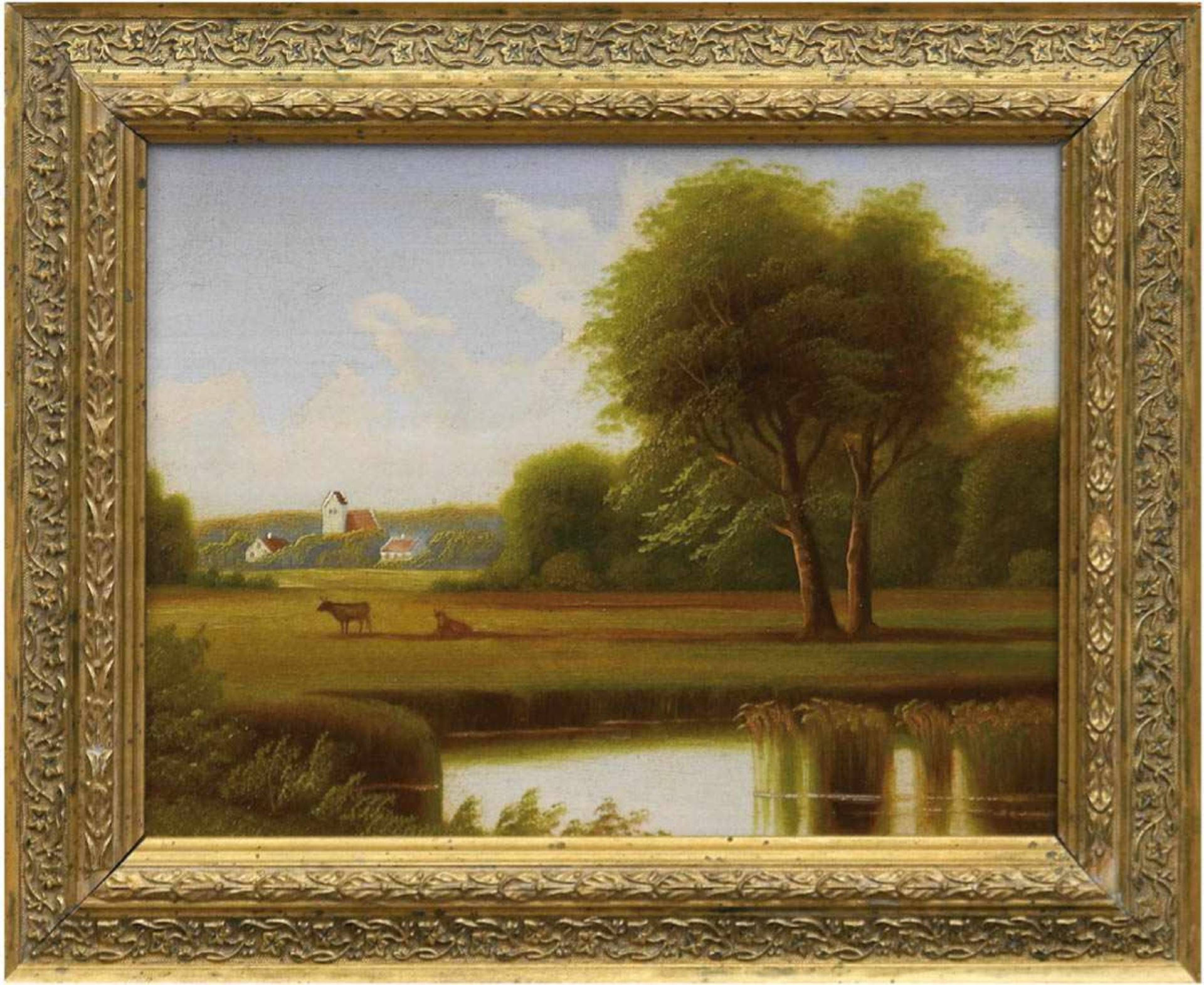 Maler des 19. Jh. "Landschaft mit See und Dorf", Öl/Mp., unsign., 24x32 cm, Rahmen