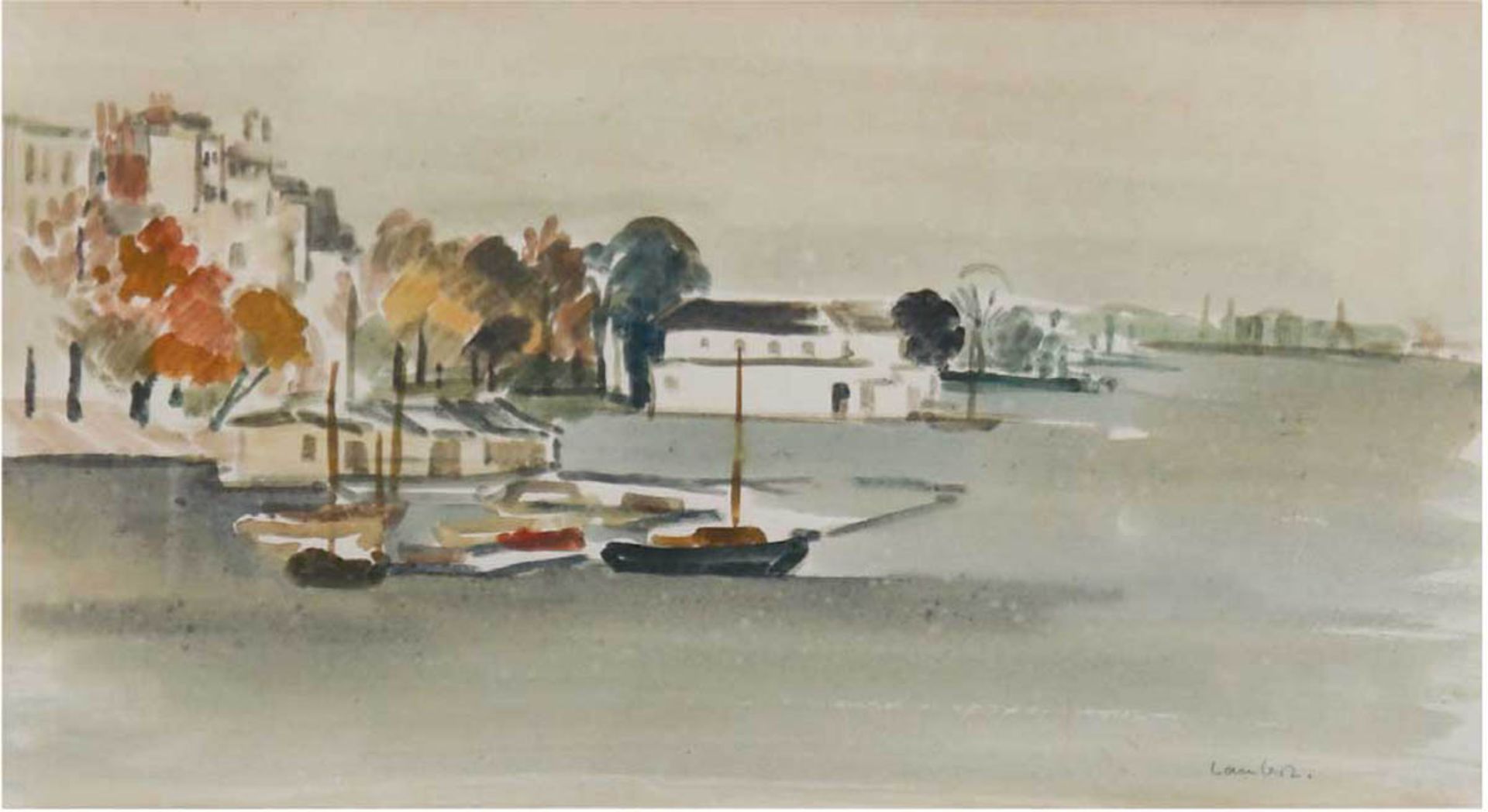 Lambert, Kurt (1908 Berlin- 1967) "An der Alster", Aquarell, signiert u.l., 22x40 cm,hinter Glas