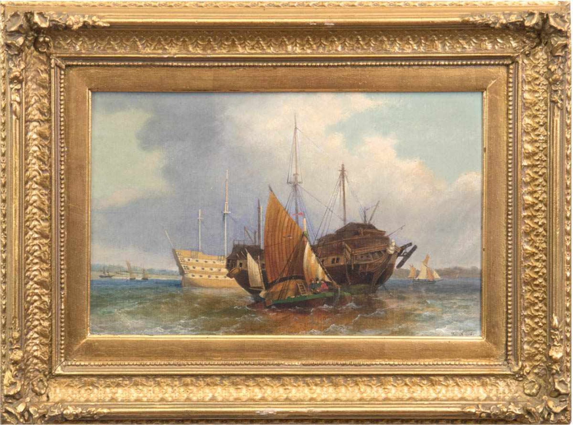 Jacobs, Jacob A. (1812-1879) "Schiffe im Hafen", öl/Lw., Öl/Lw./Platte, sign. u.r.,27x42,5 cm,