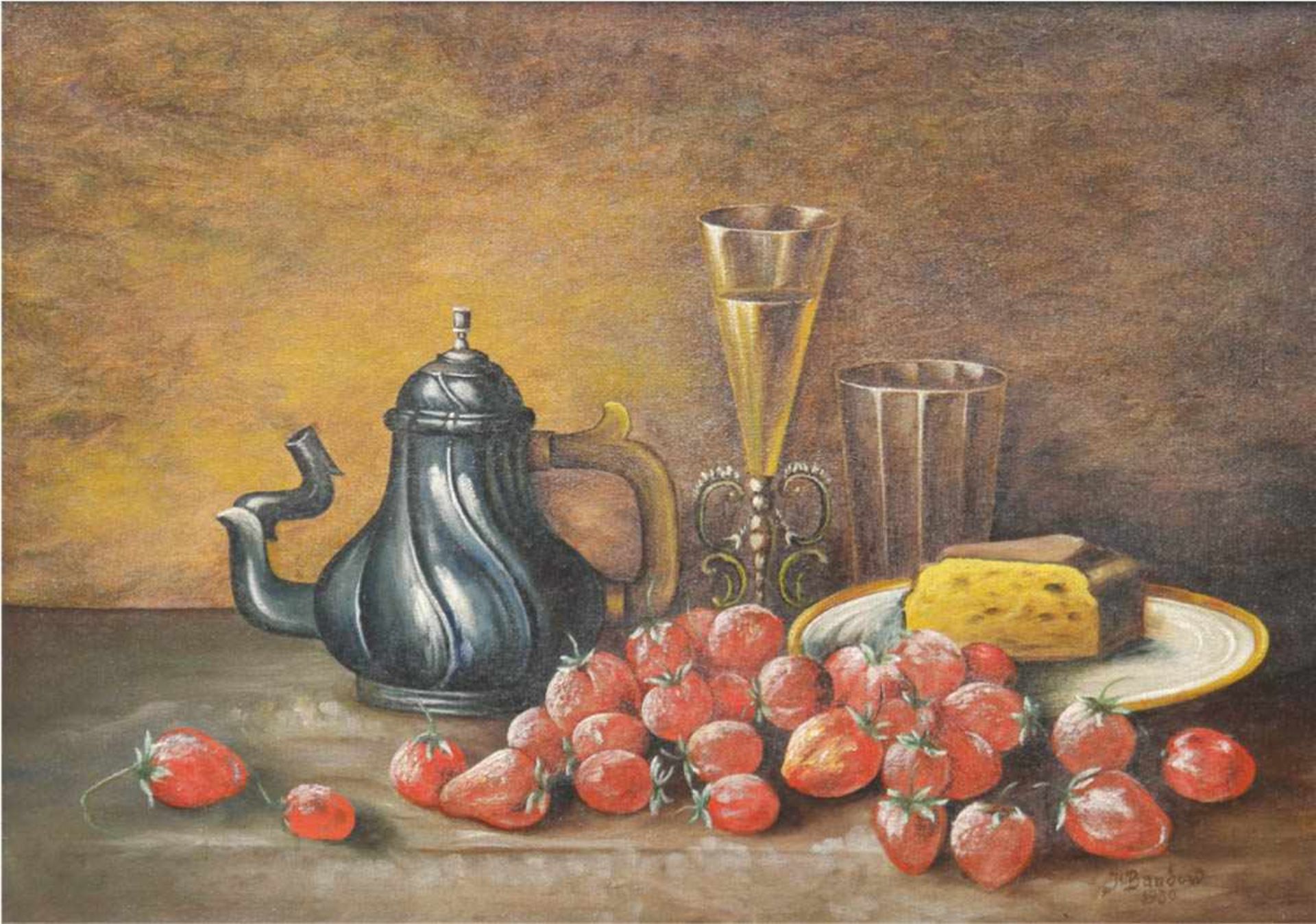 Bandow, H. (Stillebenmaler 19./20. Jh.) "Stilleben mit Erdbeeren und Zinnkanne", Öl/Lw.,sign. u.