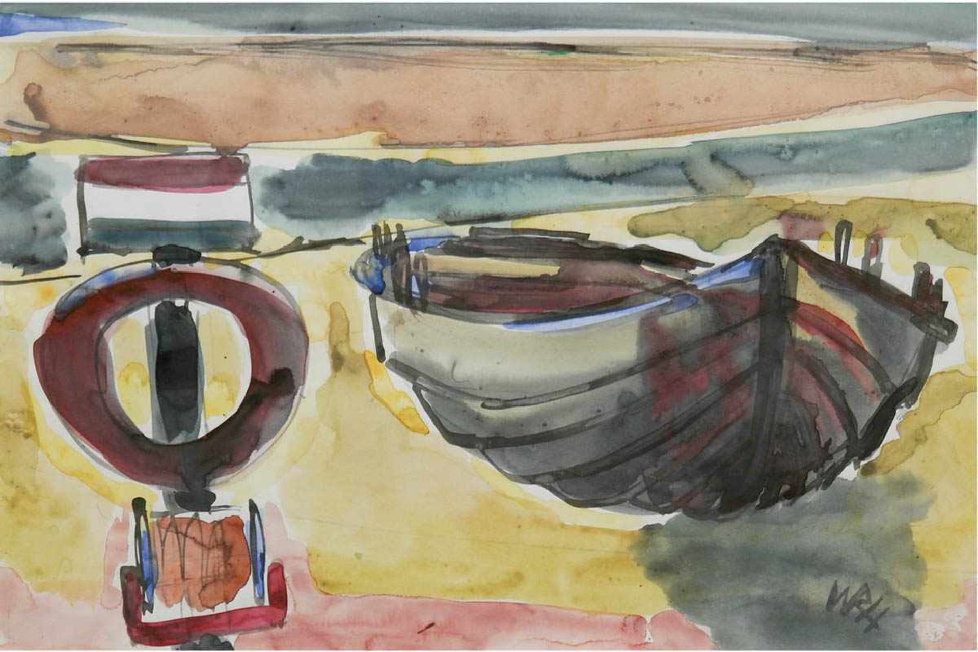 Huth, Wilhelm Robert (1890-1977) "Boote am Strand", Aquarell, sign. u.r., 28x40 cm, imPassepartout