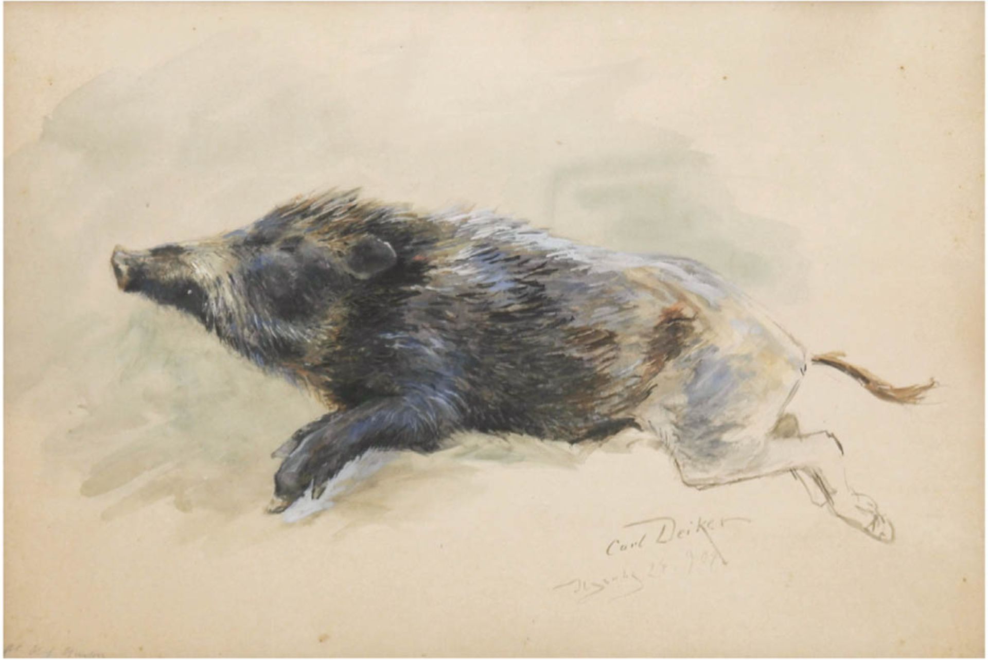 Deiker, Carl, Friedrich (1836 Wetzlar -1892 Düsseldorf) "Wildschwein", Aquarell, signiertund datiert