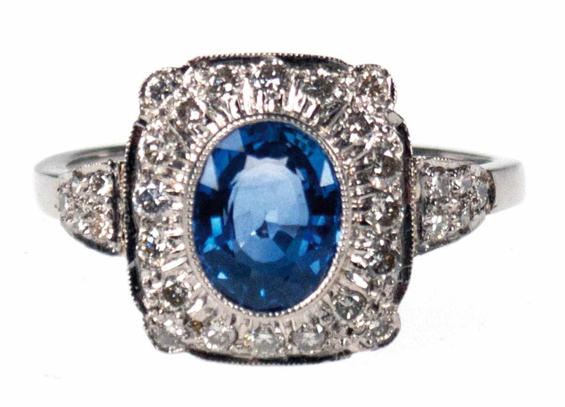 Ring, 750er WG, Saphir mit extellenter Farbe von 1,72 ct., Brillanten 0,47 ct., RG 56,