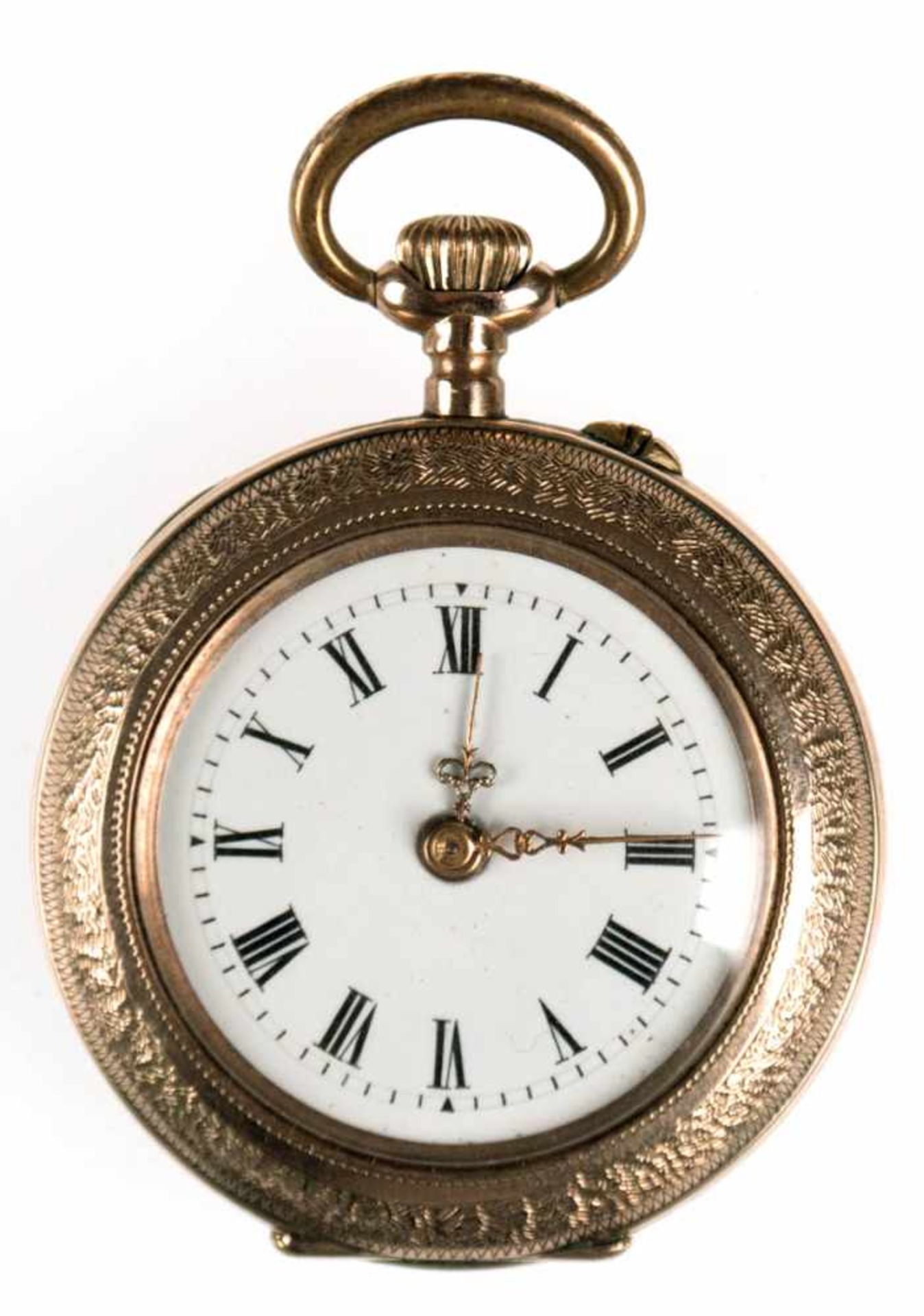 Damen-Taschenuhr um 1900, 585er GG (geprüft), fein ziseliert, rückseitig floralemailliert,