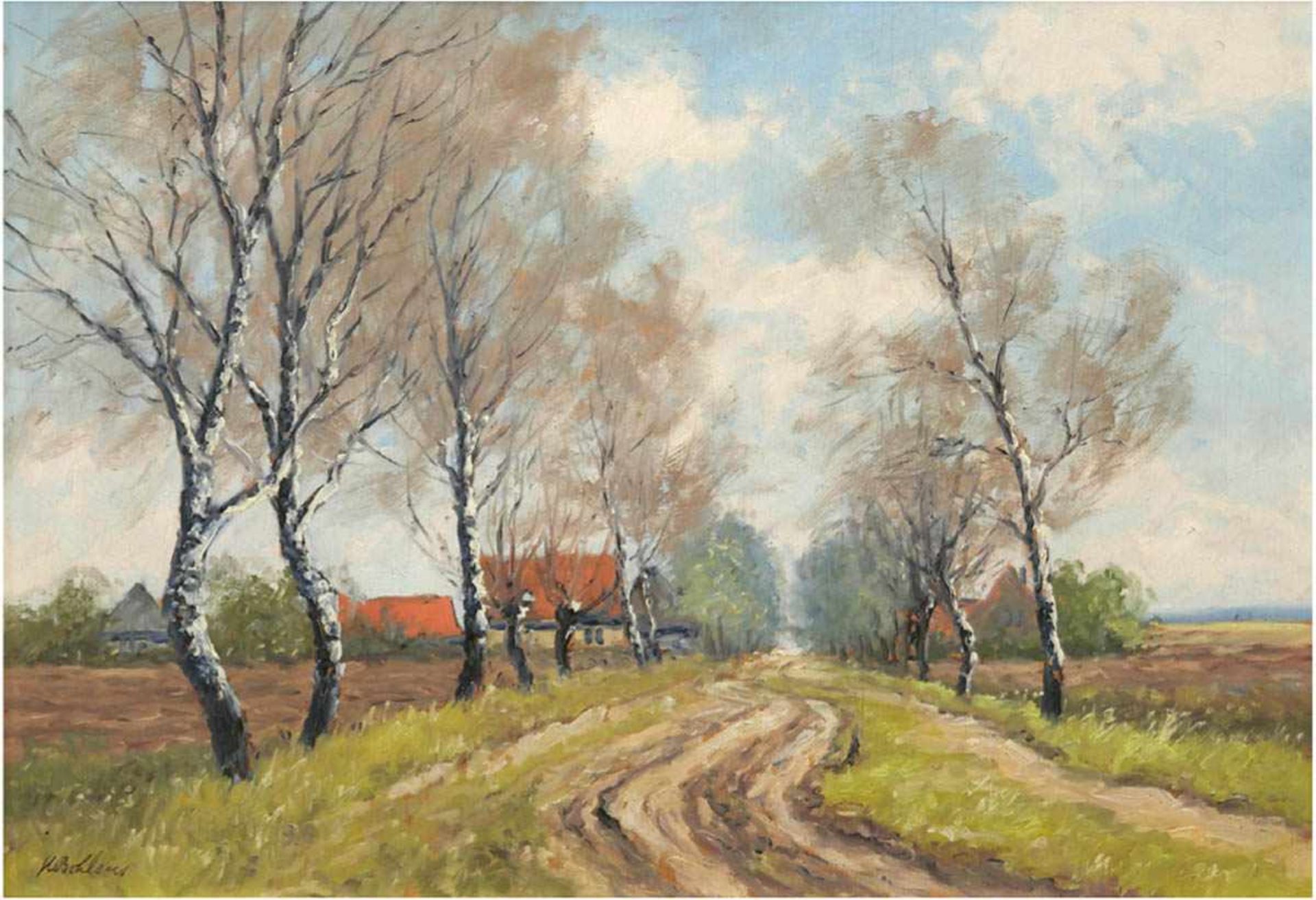 Bohlens, Hermann (1899 Hamburg-? Bergedorf) "Landstraße mit Birken vor dem Dorf", Öl/SH.,signiert