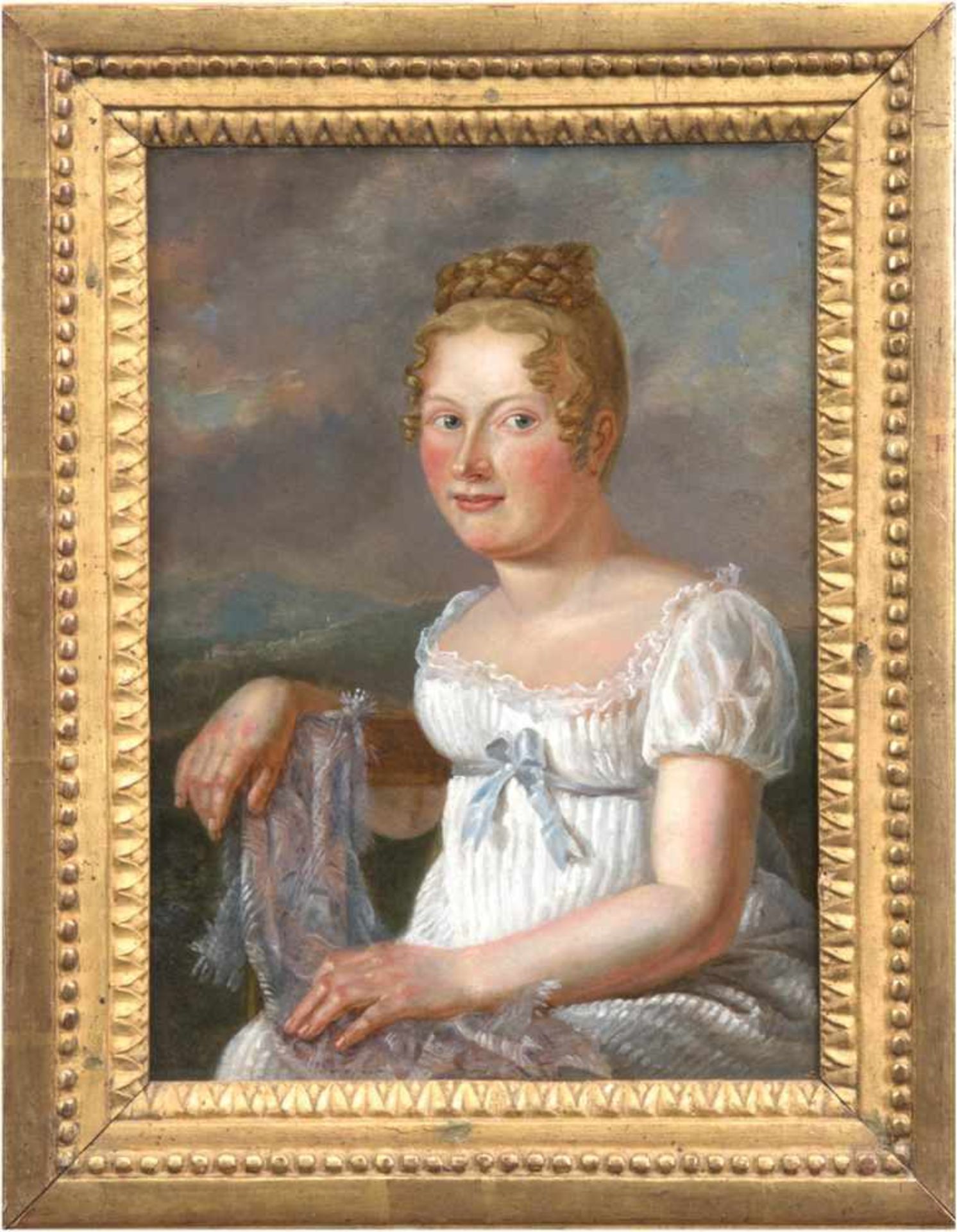 Maler des frühen 19. Jh. "Porträt eines jungen Mädchen vor Landschaft im klassizistischenKleid",