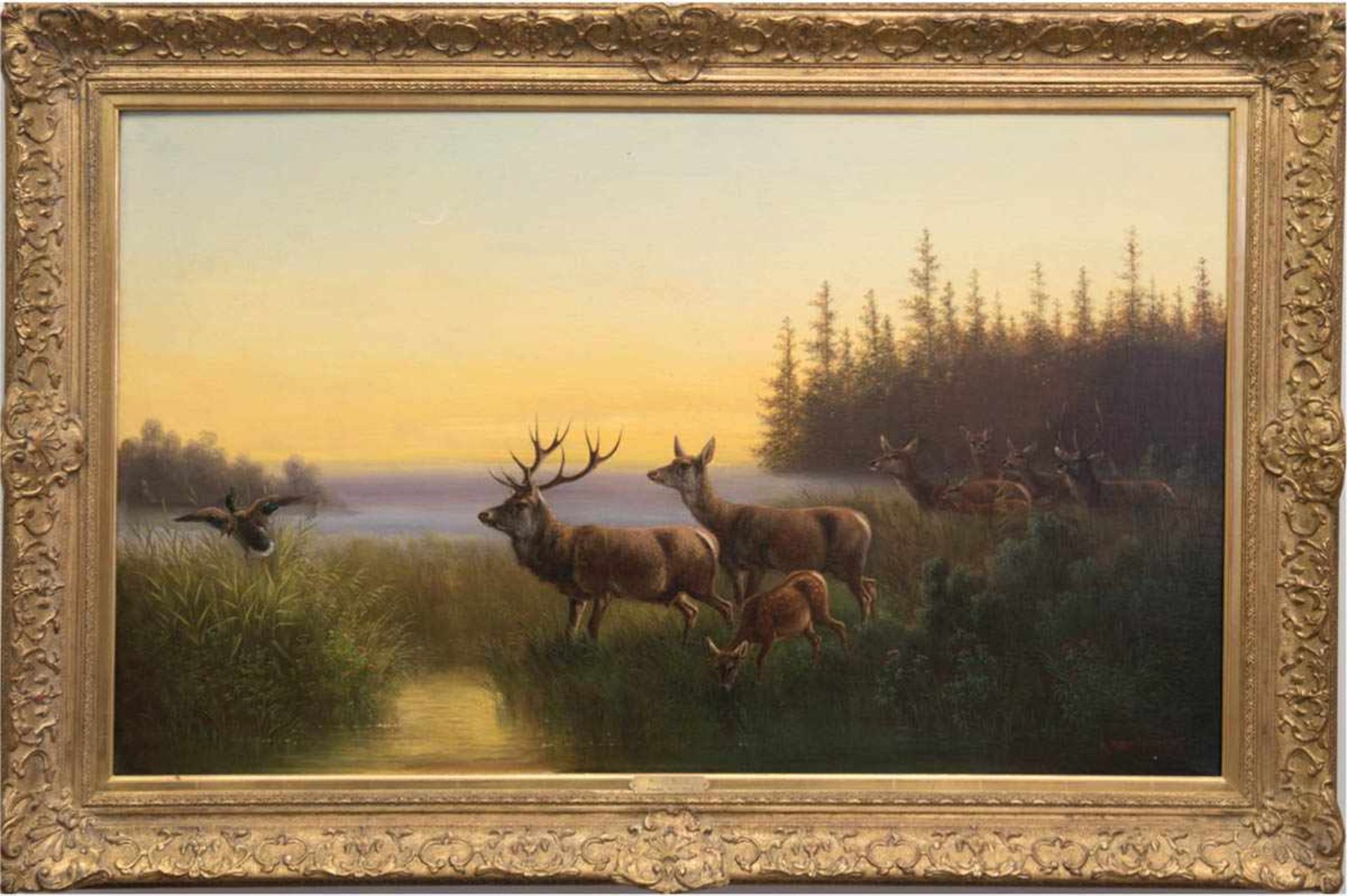 Müller, Moritz (1841 München- 1899 ebenda) "Rotwild in der Abenddämmerung am See" Öl/Lw.,sign. u.