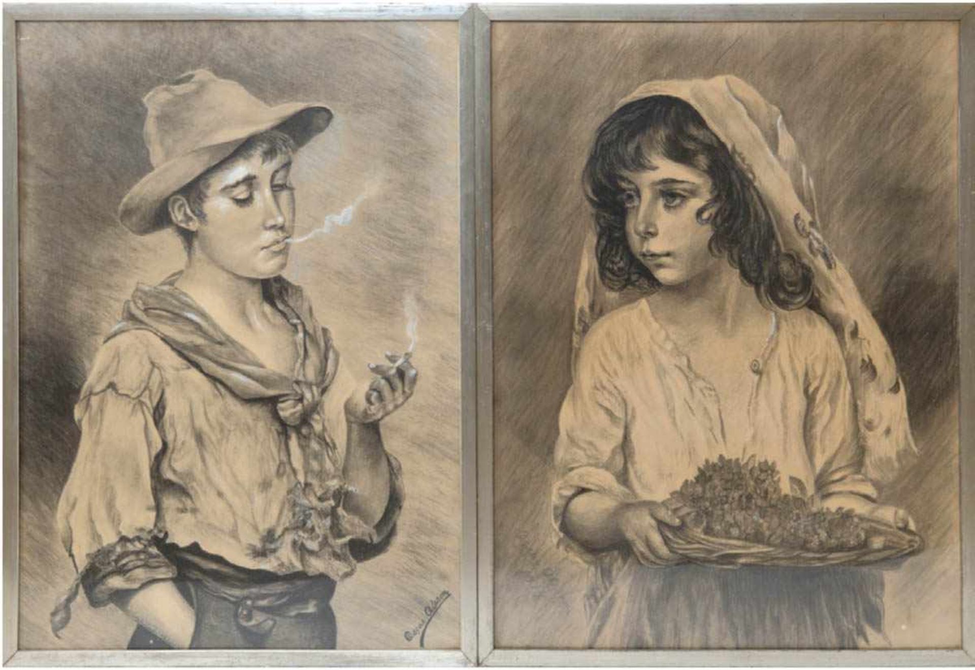 Olsen, Oscar (Anfang 20. Jh.) Pendants "Porträt eines Jungen mit Zigarette und einesitalienischen