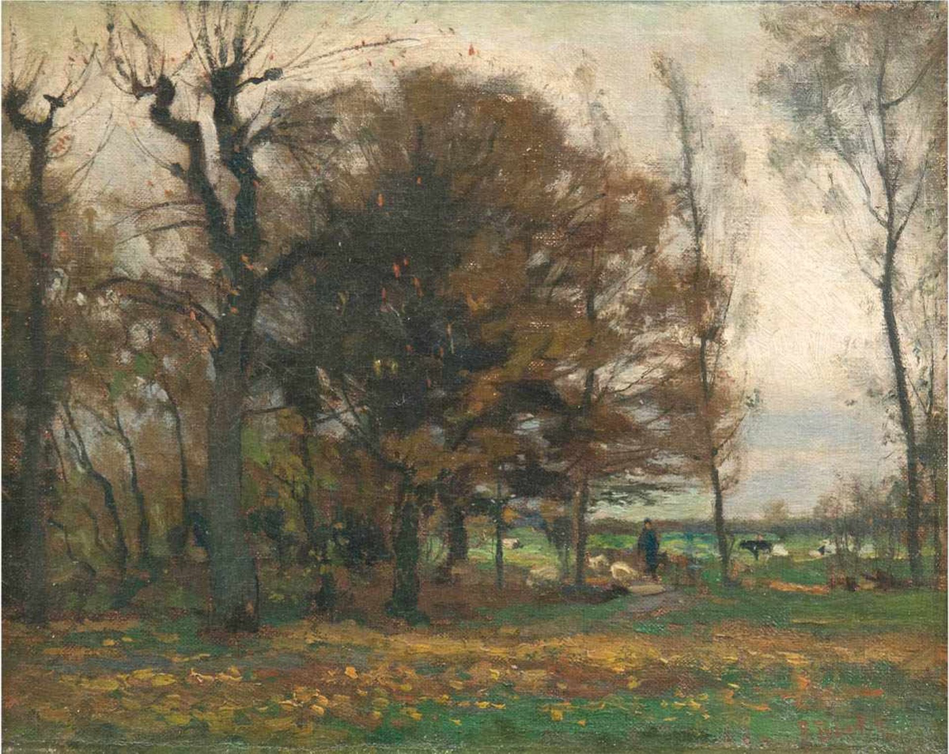 Bunke, Franz (1857 Schwaan-1939 Oberweimar) "Herbstliche Landschaft mit Schäfer amWaldesrand", Öl/
